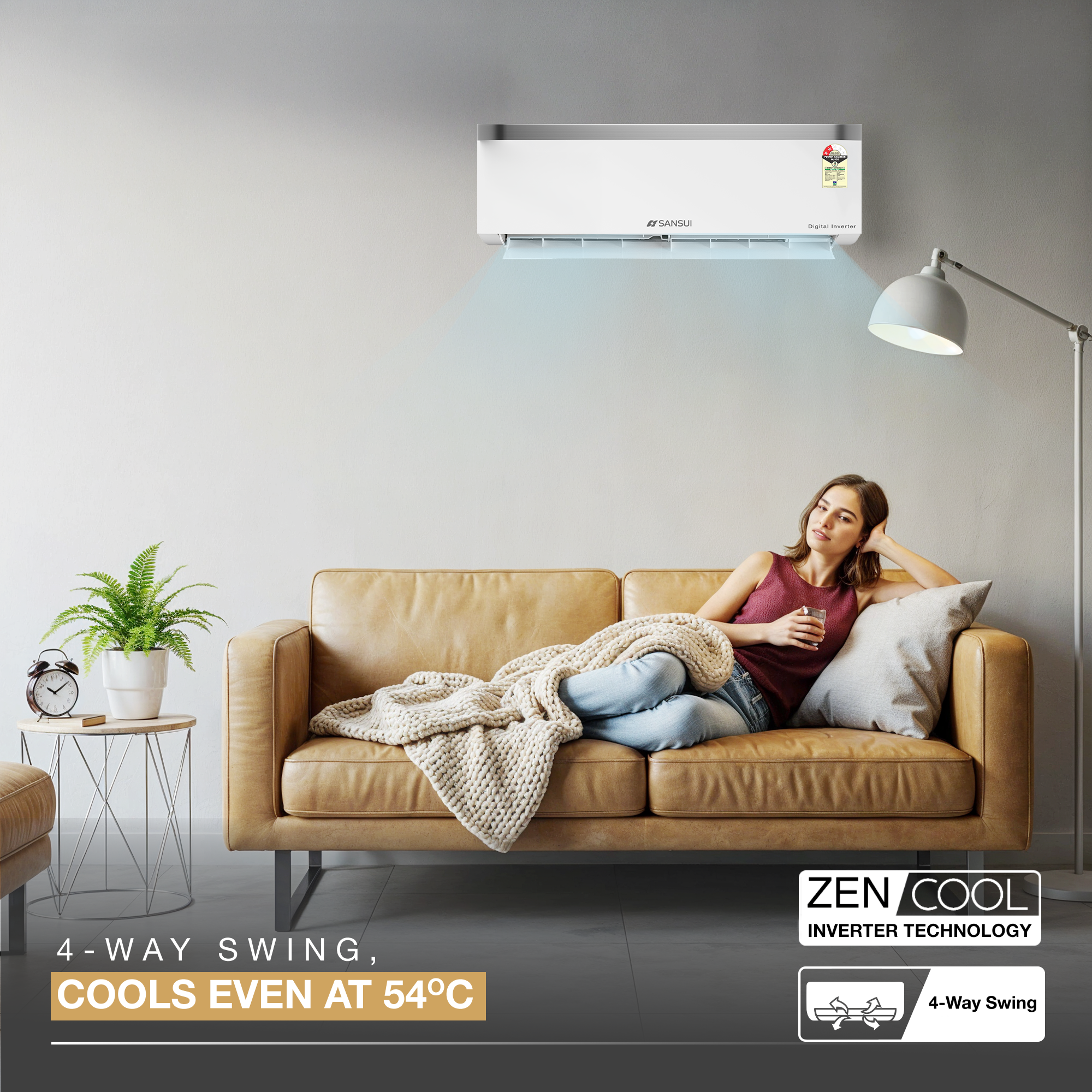 Sansui 1.5 Ton 2 Star Split Inverter AC with Zen Cool, 5-In-1 Convertible Mode, 4-Way Swing, 100% Copper Tubing & Blue Fin (JSP182FSCG)