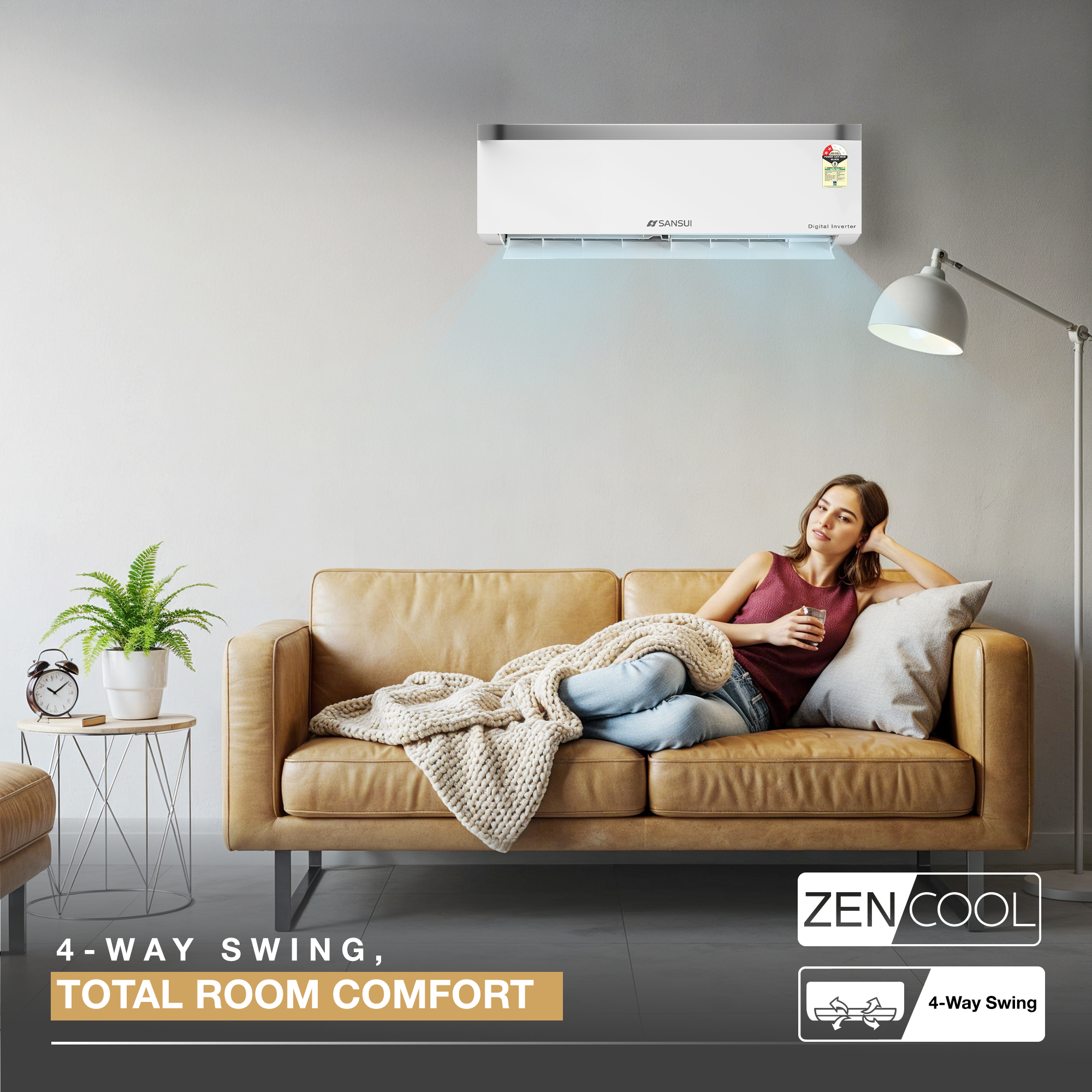 Sansui 1.5 Ton 2 Star Fixed Speed Split AC with Zen Cool, 4-Way Swing, 100% Copper Tubing & Blue Fin (JSP182FSCG)