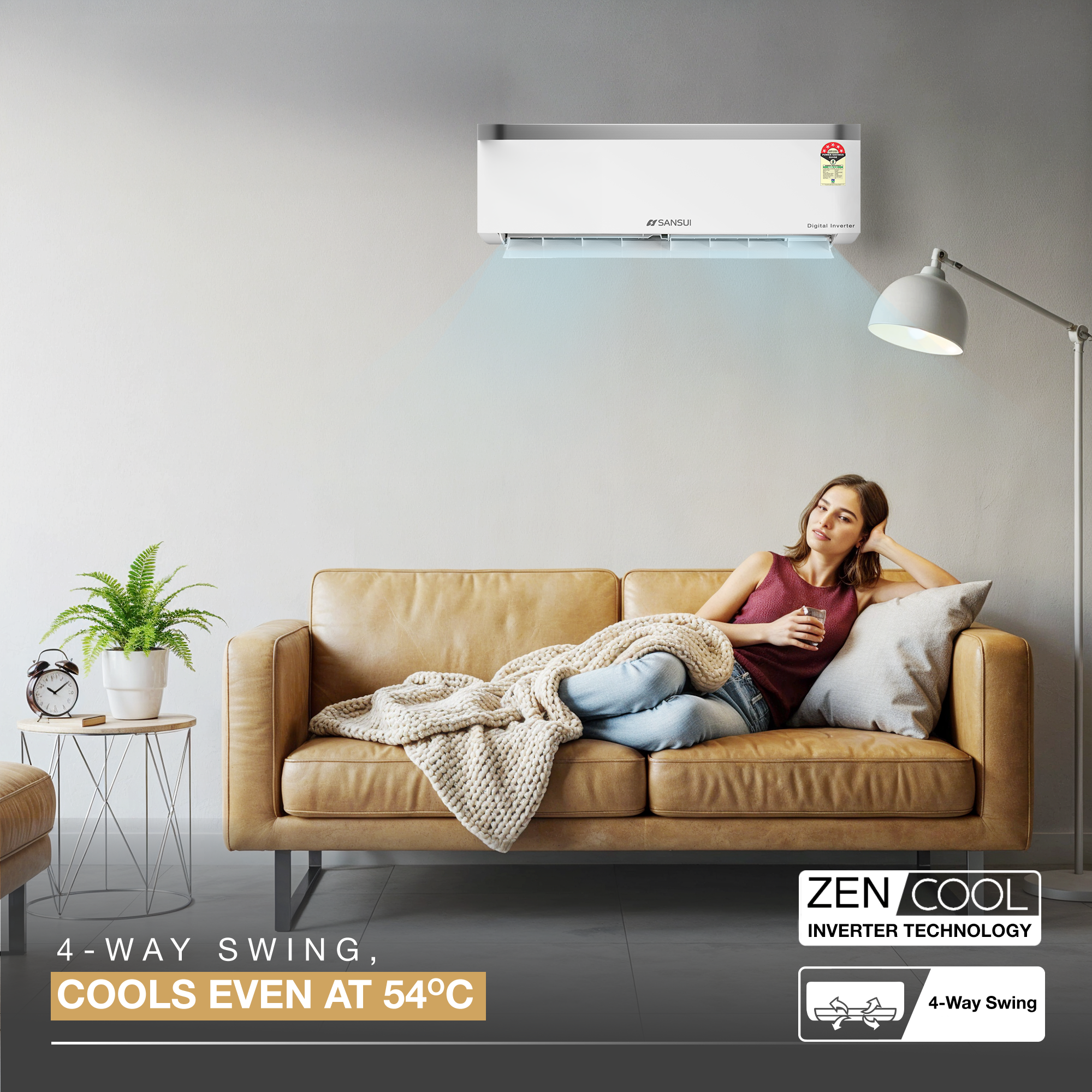 Sansui 1.5 Ton 5 Star Split Inverter AC with Zen Cool, 5-In-1 Convertible Mode, 4-Way Swing, 100% Copper Tubing & Blue Fin (JSP185SICG)