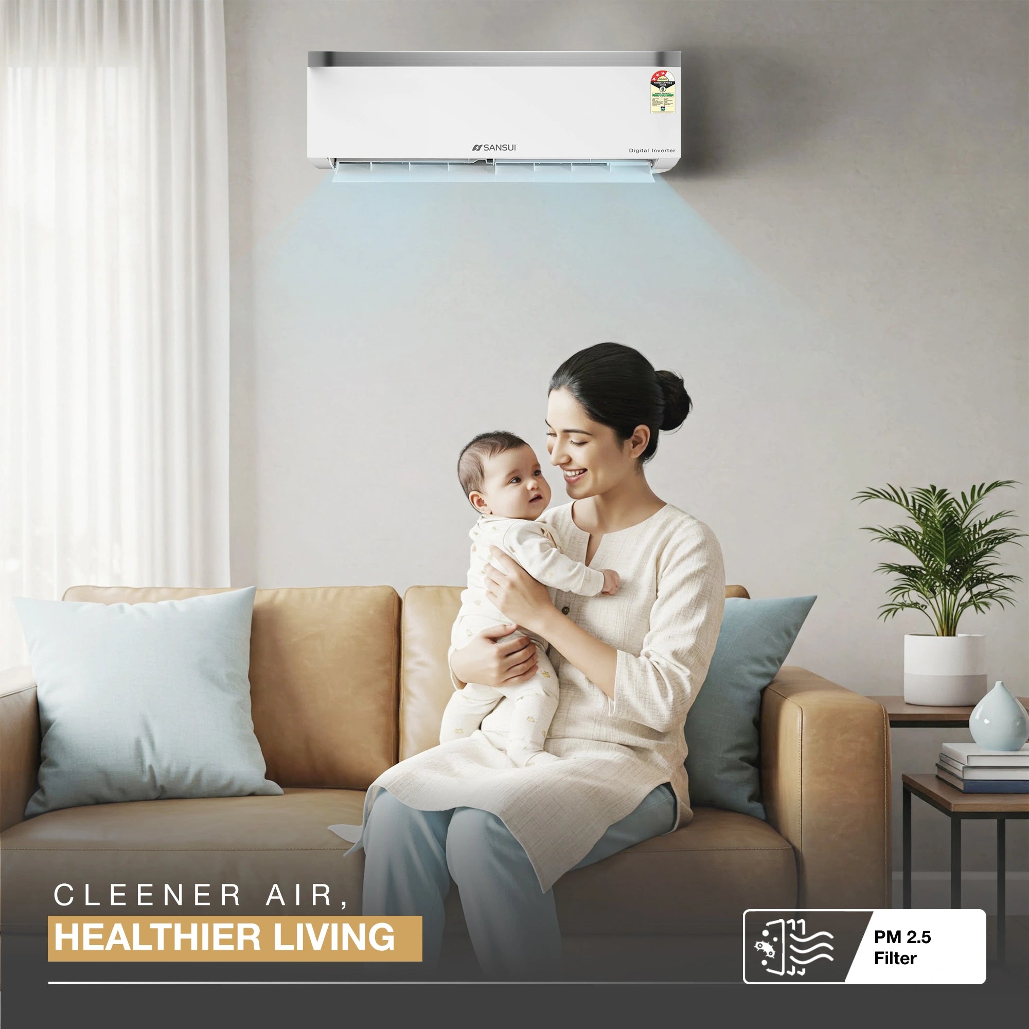 Sansui 1 Ton 3 Star Split Inverter AC with 100% Copper Tubing, Zen Cool Technology, 5-In-1 Convertible Mode, 4-Way Swing & Blue Fin