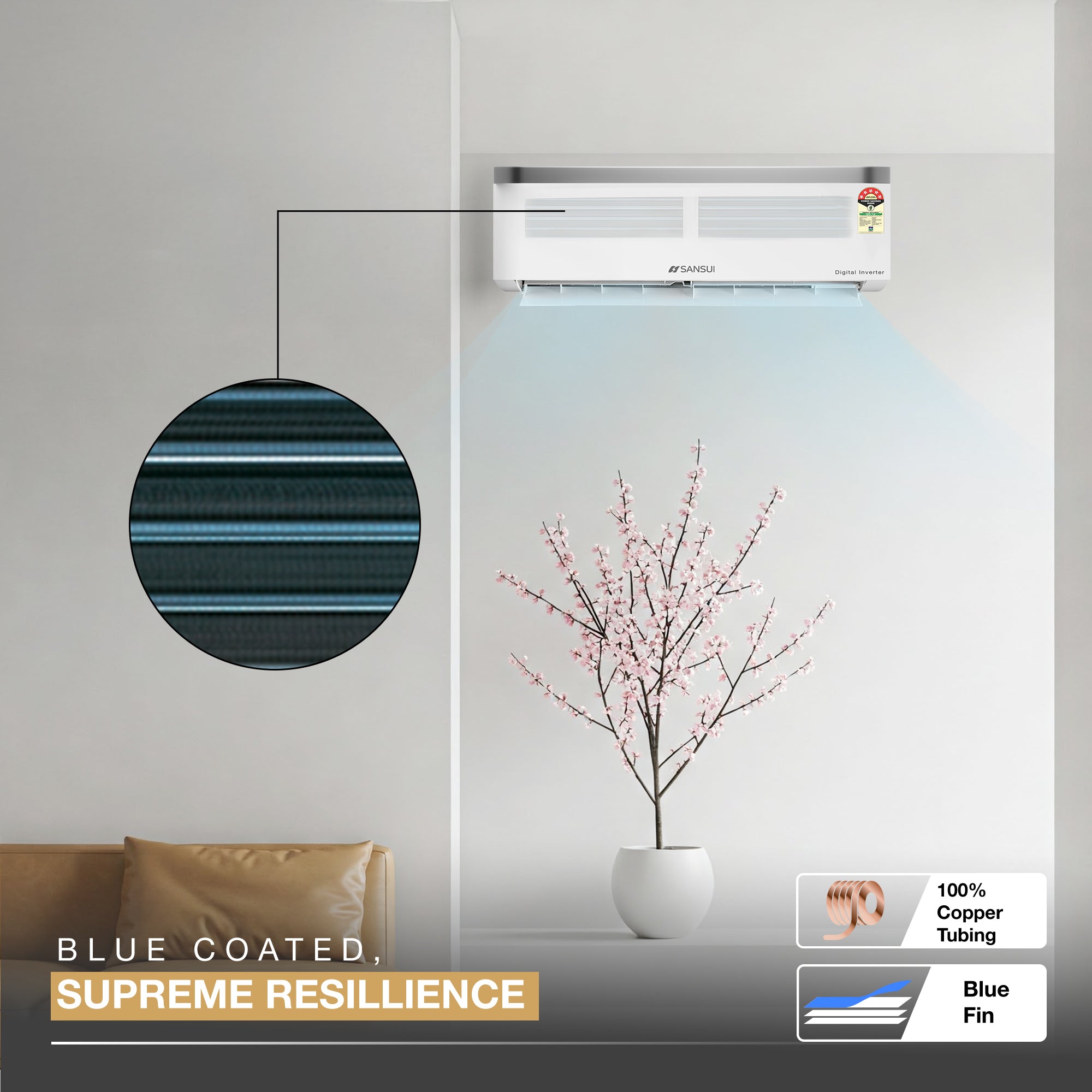 Sansui 1.5 Ton 5 Star Split Inverter AC with Zen Cool, 5-In-1 Convertible Mode, 4-Way Swing, 100% Copper Tubing & Blue Fin