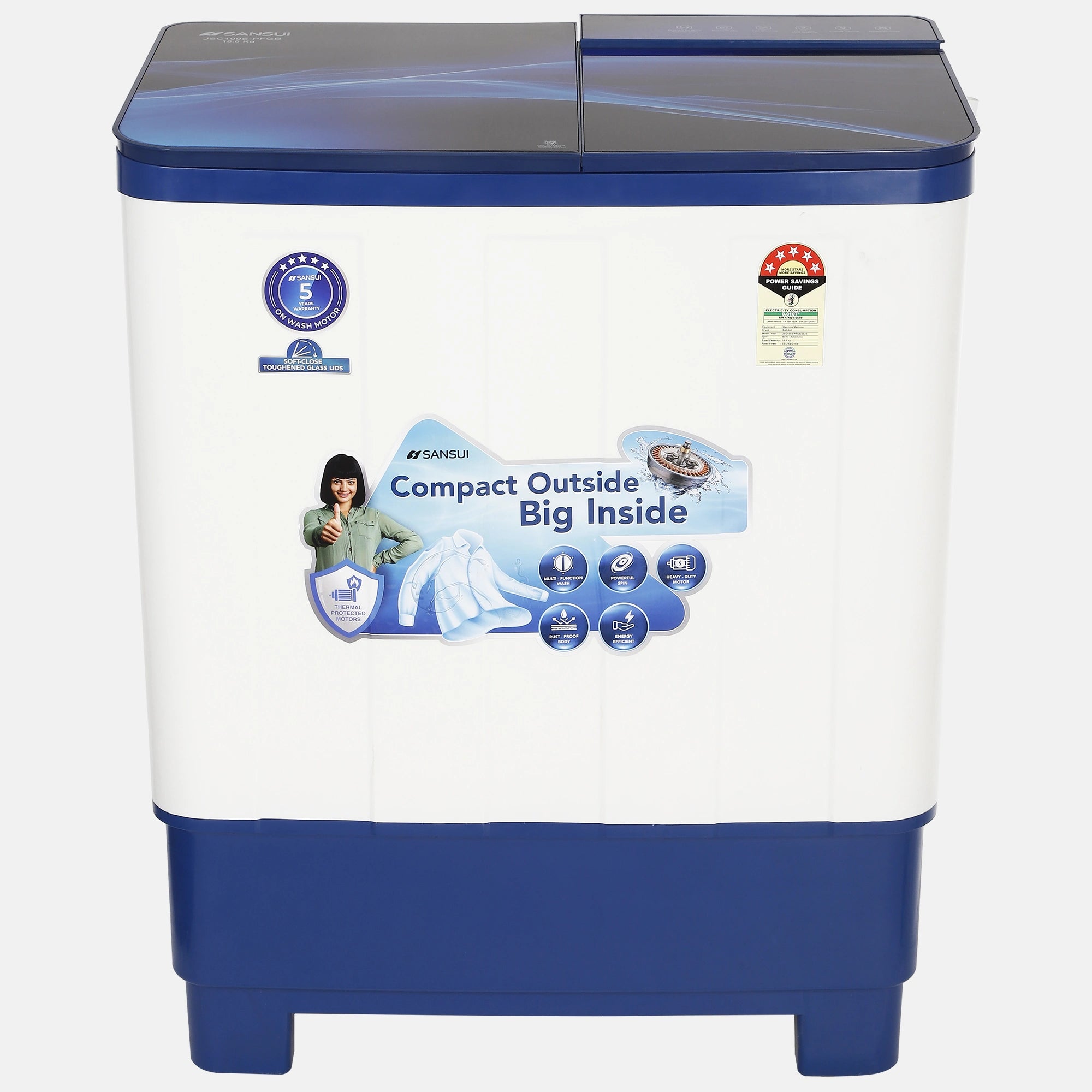 Sansui 10 kg 5 Star with Premium Full Glass Lid, Power Dry, Soft Close, Dynamic Pulsator Semi-Automatic Top Load Washing Machine (JSC100S-PFGB)
