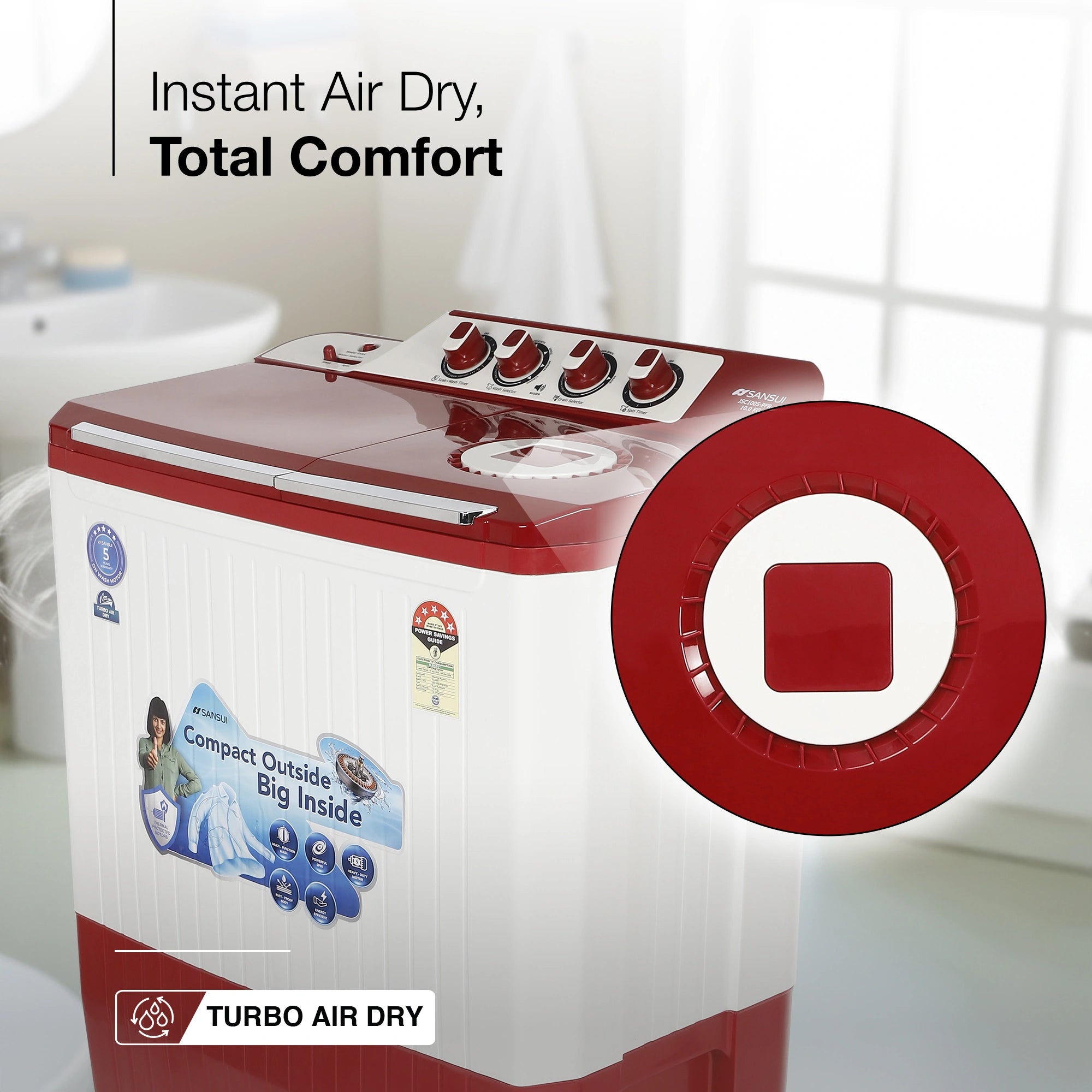 Sansui 10 kg 5 Star with Durable Fiber Top, Air Dry, Waterfall and Dynamic Pulsator Semi-Automatic Top Load Washing Machine (JSC100S-PFR)