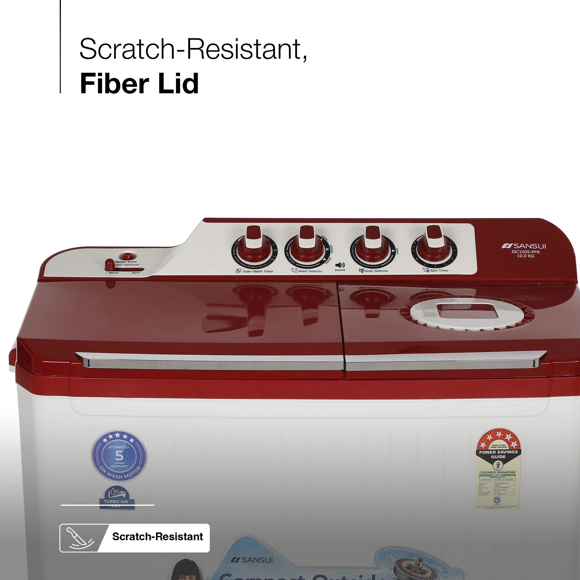 Sansui 10 kg 5 Star with Durable Fiber Top, Air Dry, Waterfall and Dynamic Pulsator Semi-Automatic Top Load Washing Machine (JSC100S-PFR)