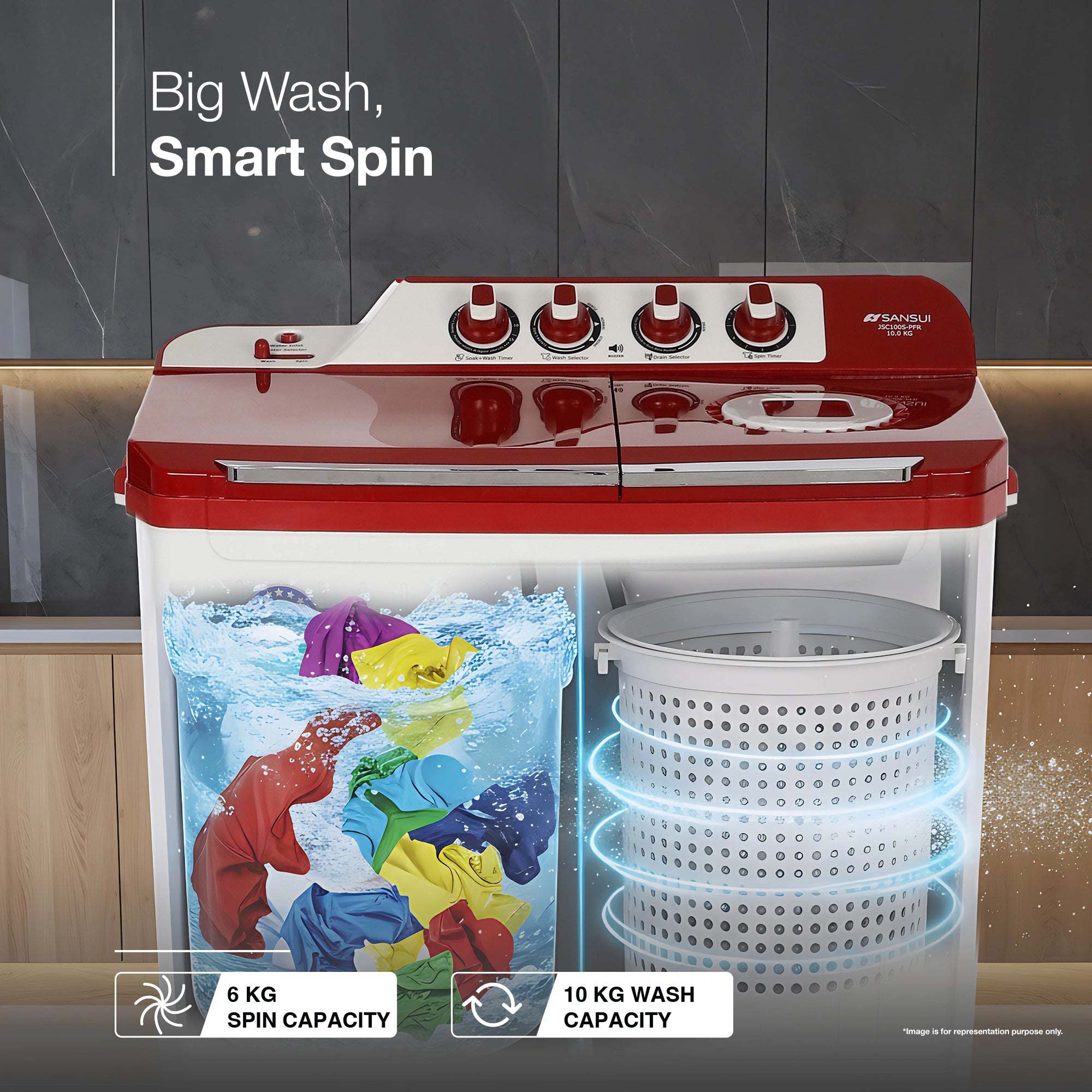 Sansui 10 kg 5 Star with Durable Fiber Top, Air Dry, Waterfall and Dynamic Pulsator Semi-Automatic Top Load Washing Machine (JSC100S-PFR)