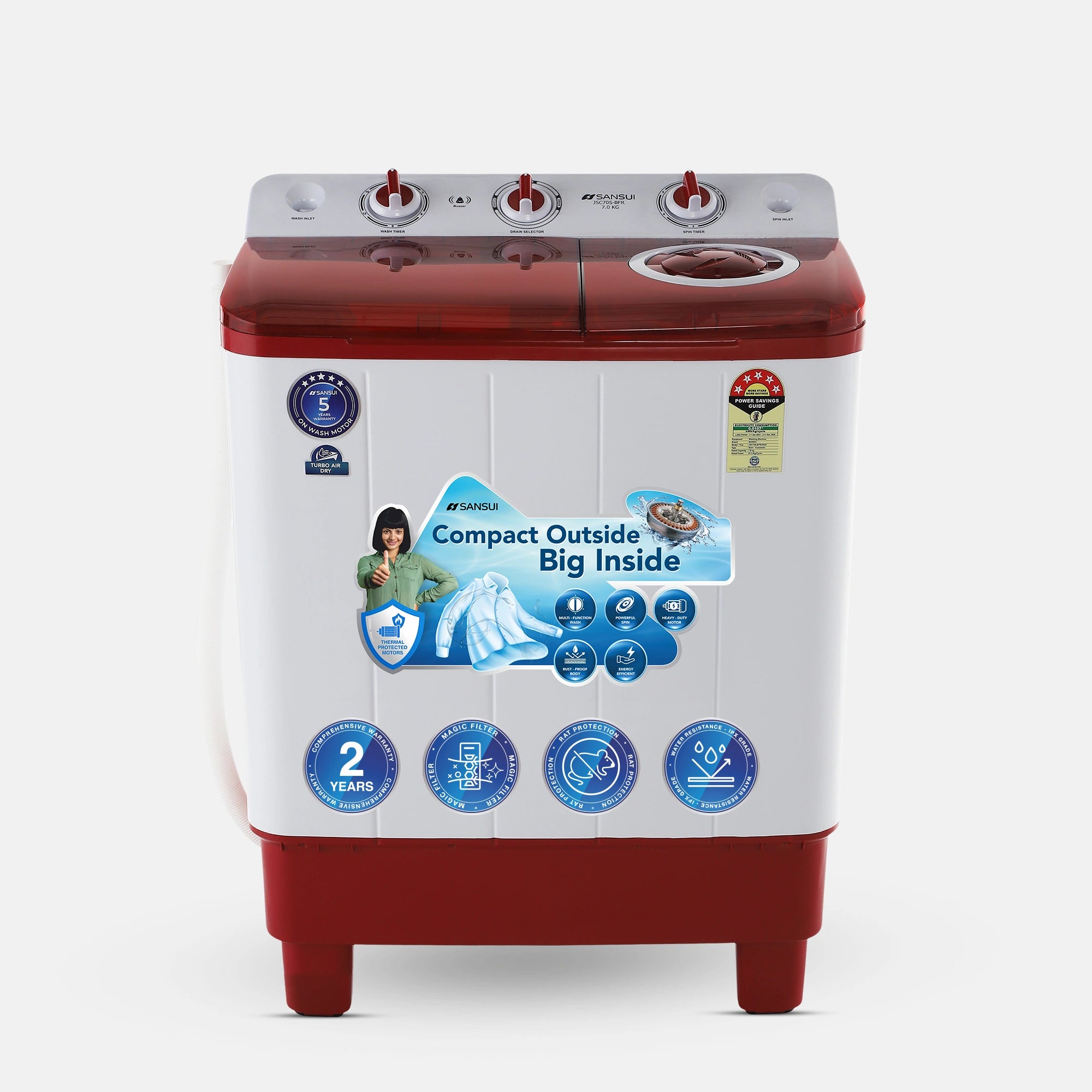 Sansui 7 kg 5 Star with Robust Pulsator, Air Dry and Collar Scrubber Semi Automatic Top Load Washing Machine Red (JSC70S-BFR)