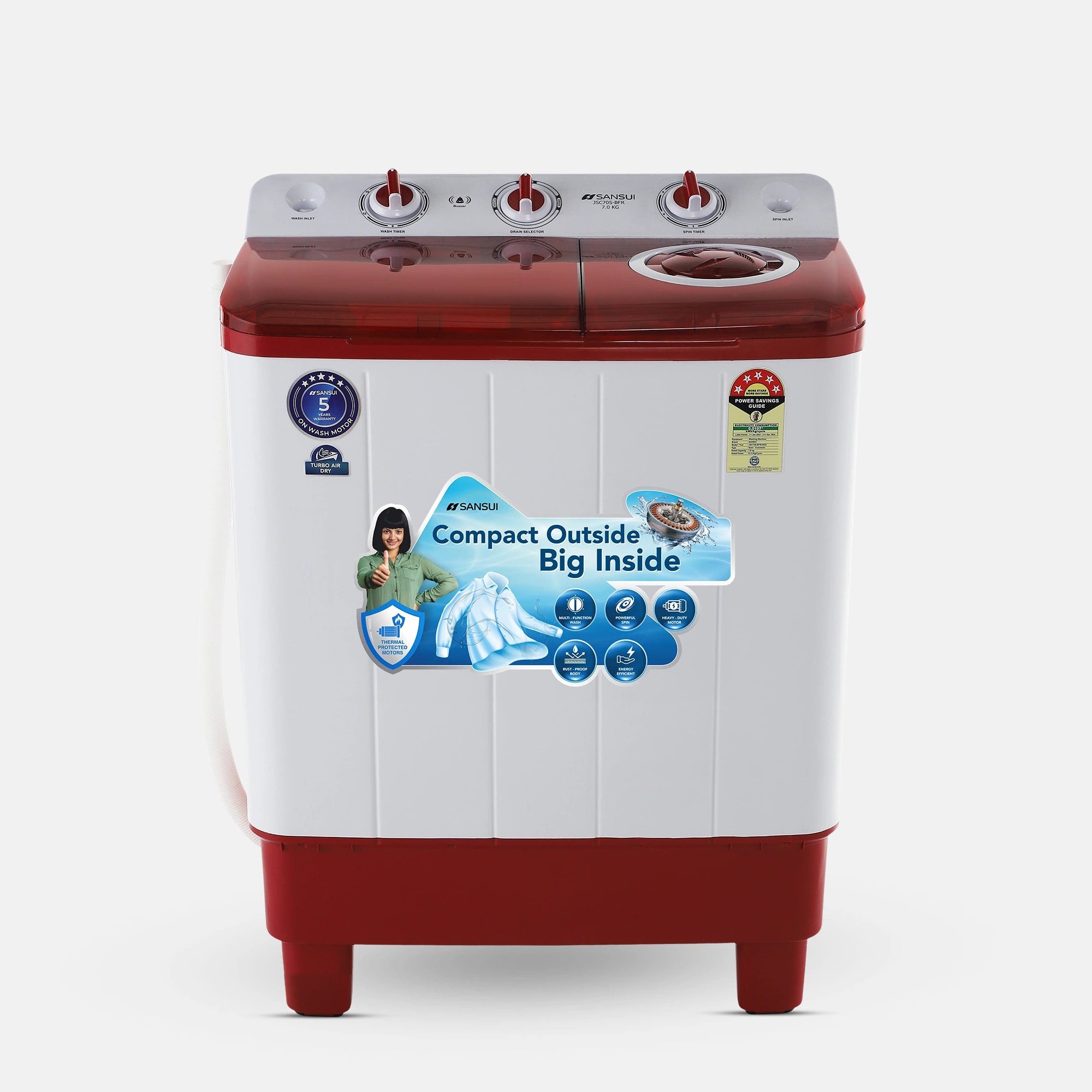 Sansui 7 kg 5 Star with Rust-Free Fiber Top, Air Dry and 6 Fins Agitator Semi Automatic Top Load Washing Machine Red  (JSC70S-BFR)