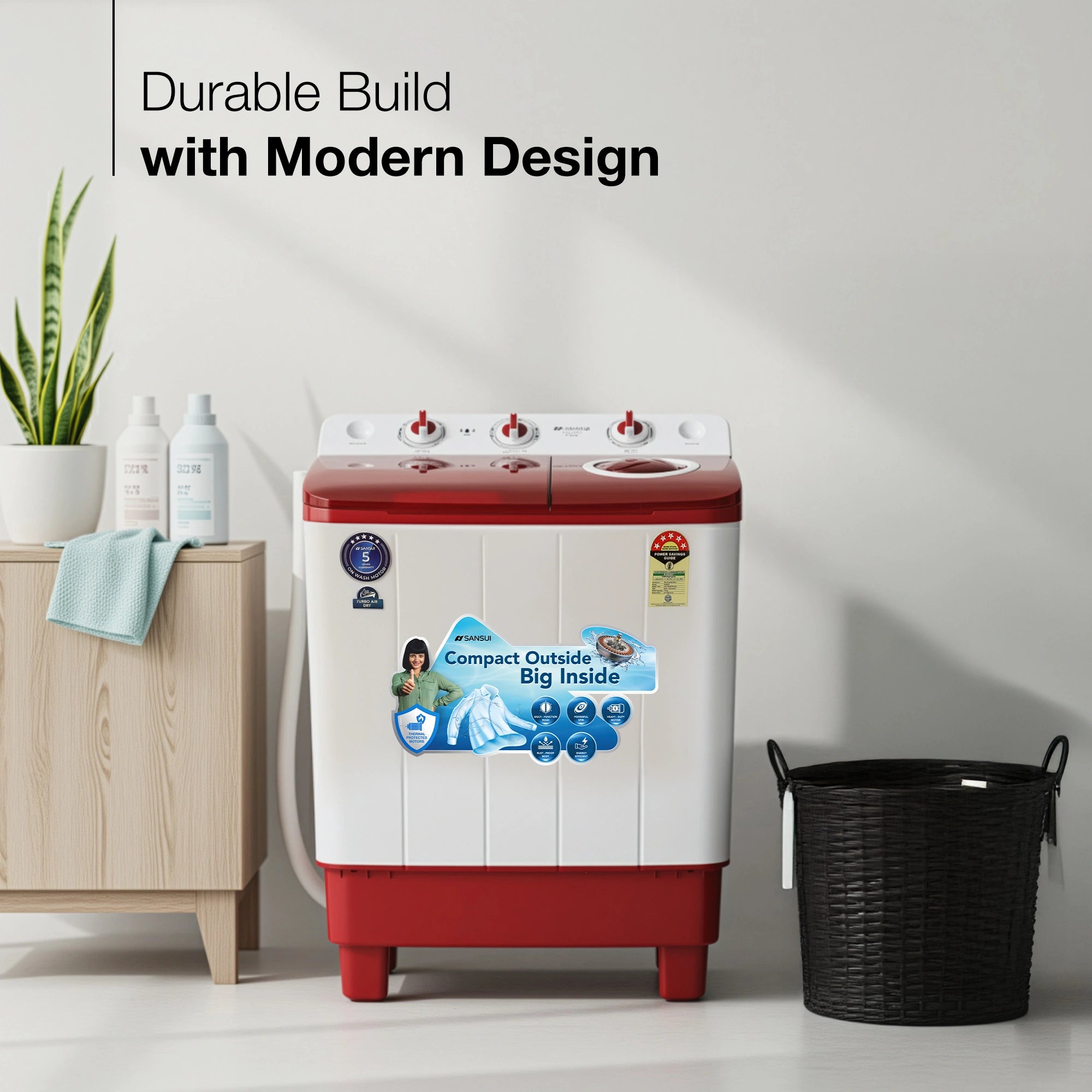 Sansui 7 kg 5 Star with Rust-Free Fiber Top, Air Dry and 6 Fins Agitator Semi Automatic Top Load Washing Machine Red (JSC70S-BFR)