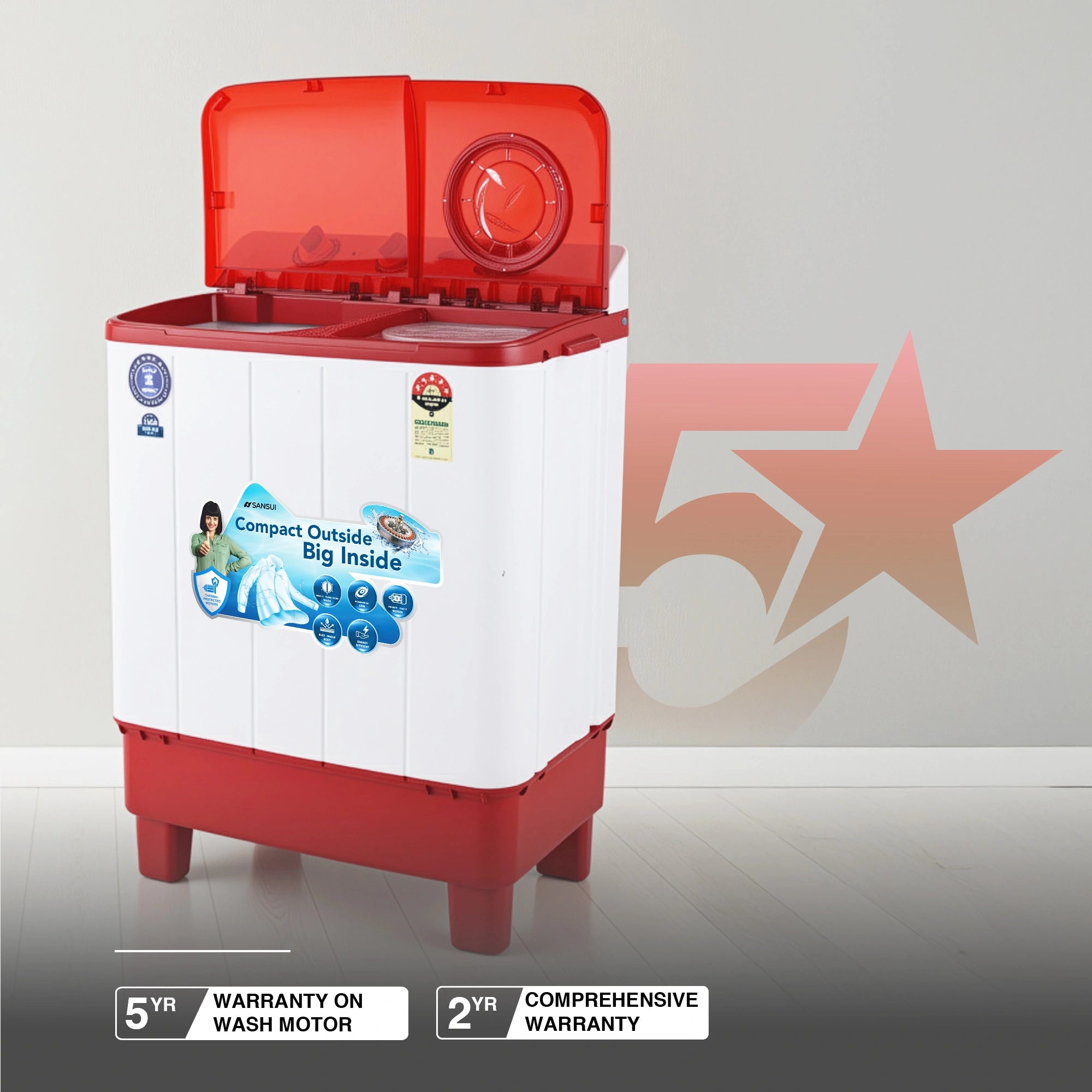 Sansui 7 kg 5 Star with Rust-Free Fiber Top, Air Dry and 6 Fins Agitator Semi Automatic Top Load Washing Machine Red  (JSC70S-BFR)