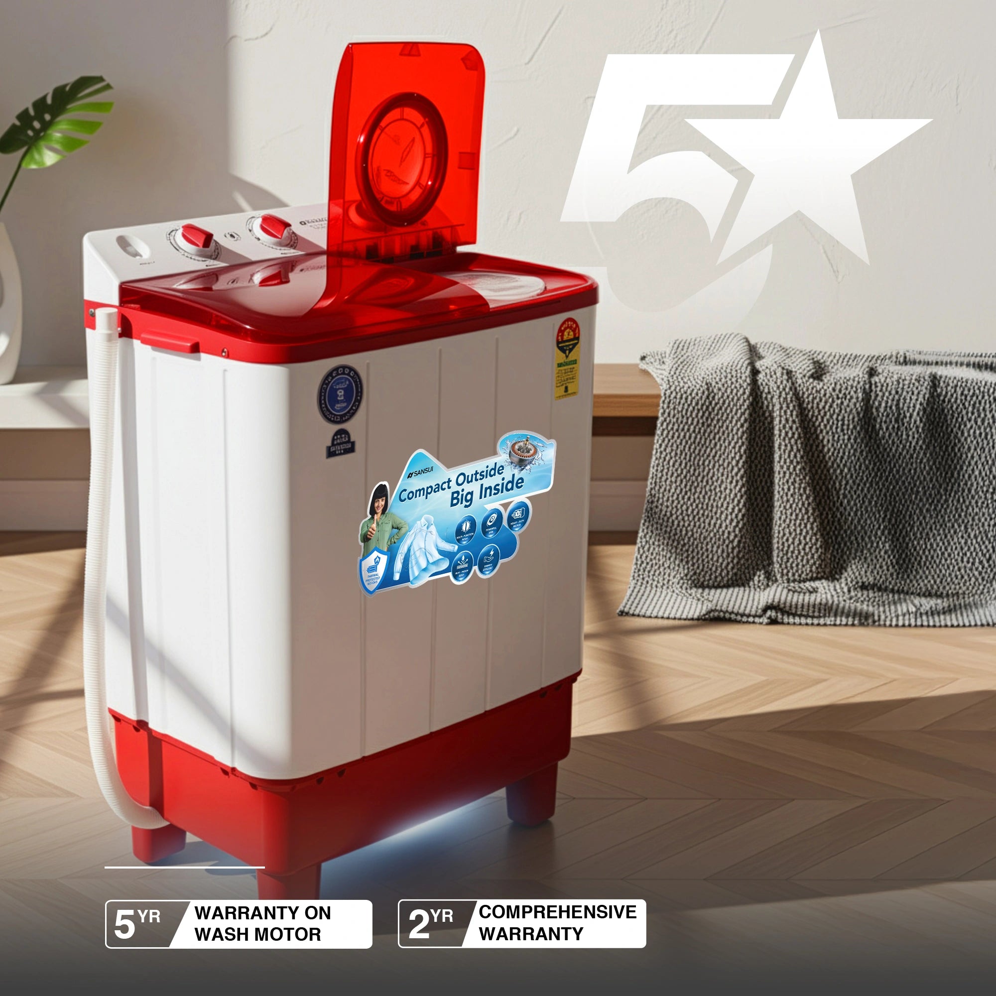 Sansui 7 kg 5 Star with Rust-Free Fiber Top, Air Dry and 6 Fins Agitator Semi Automatic Top Load Washing Machine Red (JSC70S-BFR)