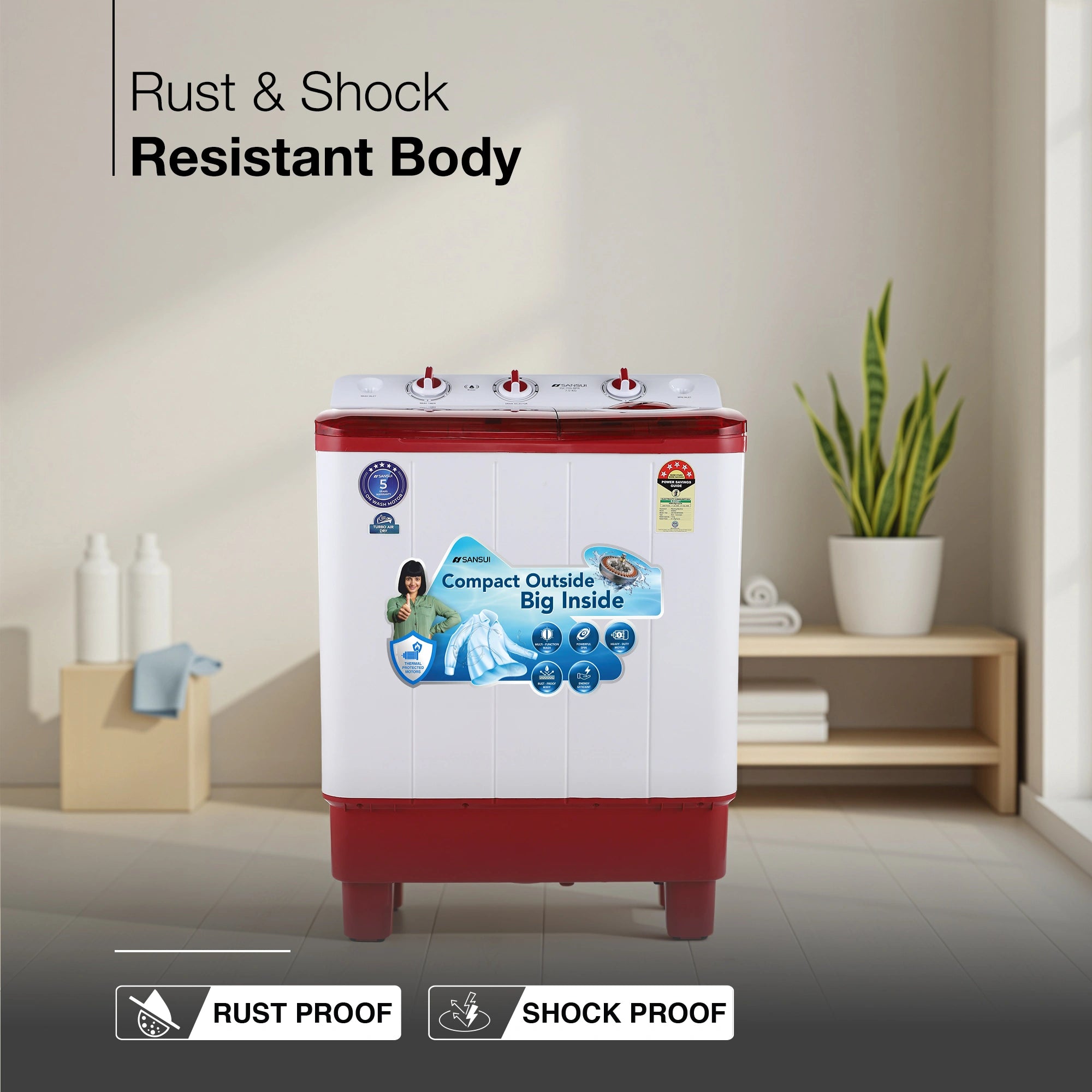 Sansui 7 kg 5 Star with Rust-Free Fiber Top, Air Dry and 6 Fins Agitator Semi Automatic Top Load Washing Machine Red (JSC70S-BFR)