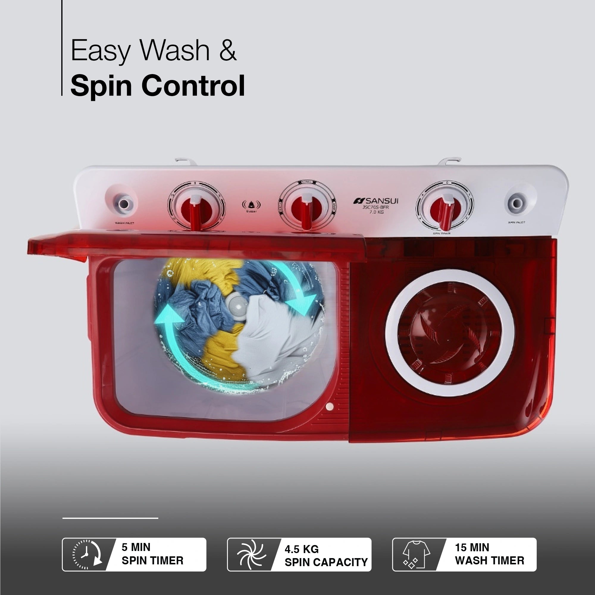 Sansui 7 kg 5 Star with Rust-Free Fiber Top, Air Dry and 6 Fins Agitator Semi Automatic Top Load Washing Machine Red (JSC70S-BFR)