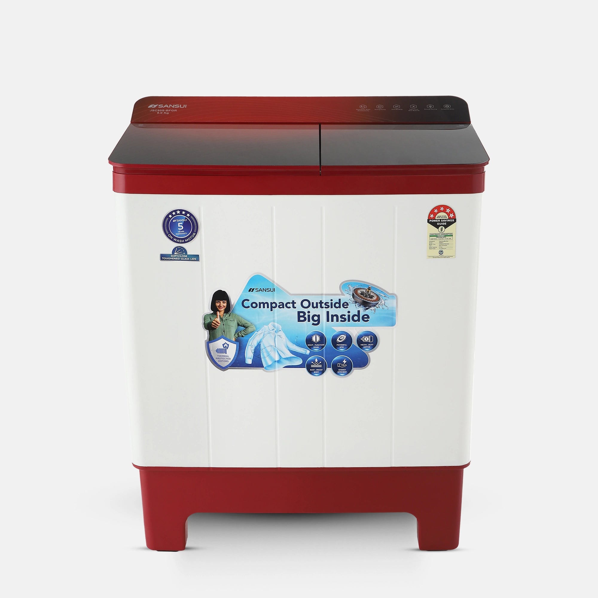 Sansui 9 kg 5 Star with Full Glass Top, Power Dry and Dynamic Pulsator Semi Automatic Top Load Washing Machine Red  (JSC90S-BFGR)
