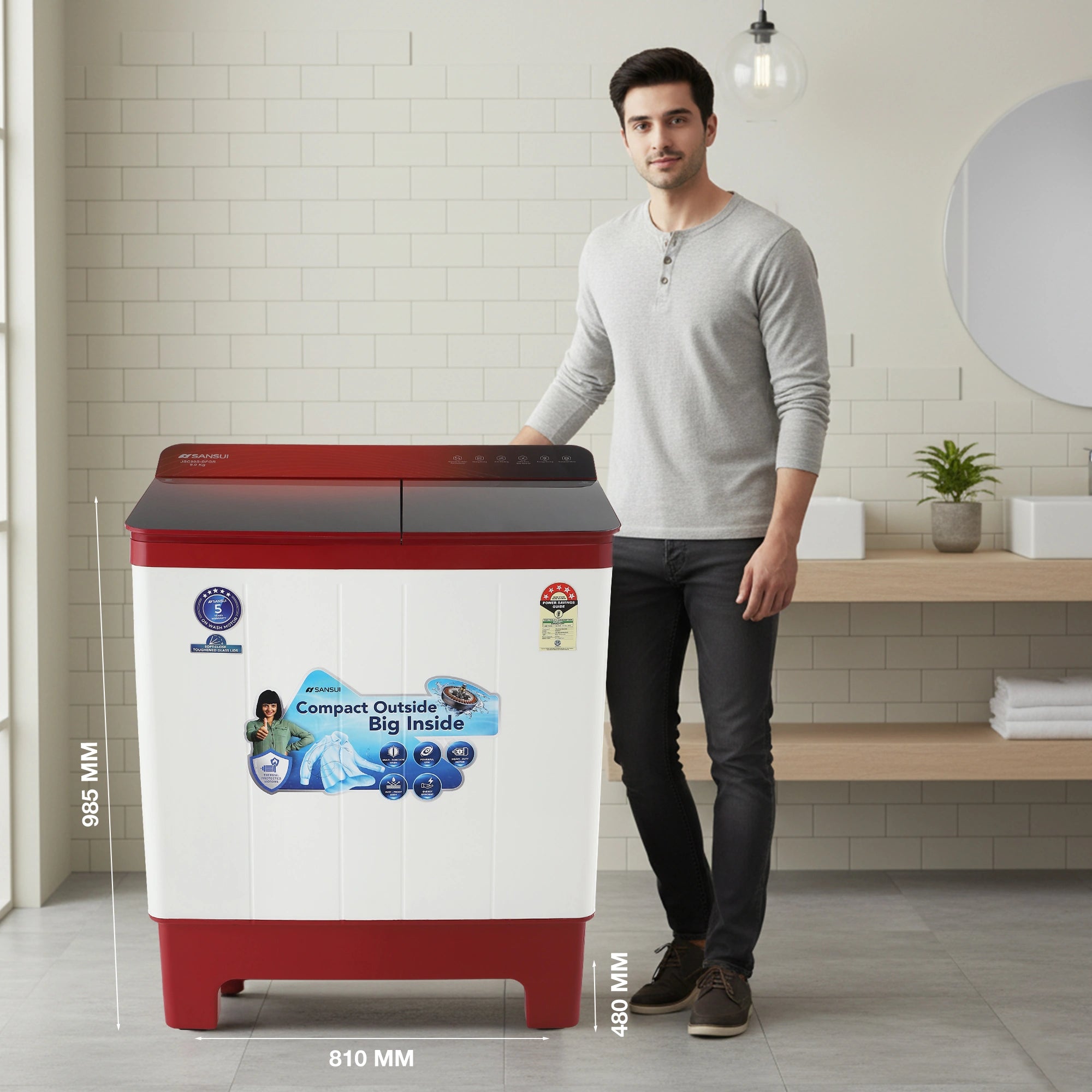 Sansui 9 kg 5 Star with Full Glass Top, Power Dry and Dynamic Pulsator Semi Automatic Top Load Washing Machine Red (JSC90S-BFGR)