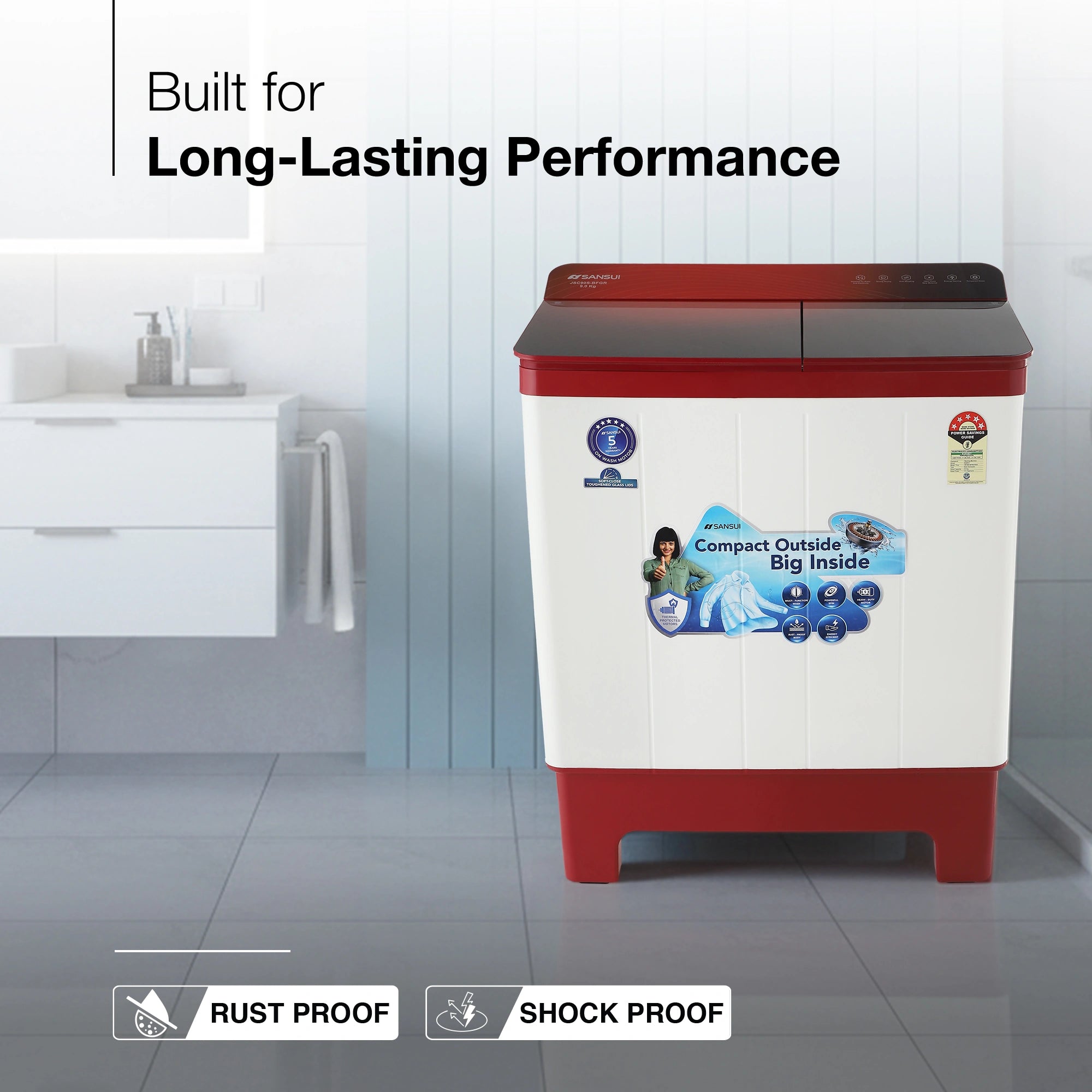 Sansui 9 kg 5 Star with Full Glass Top, Power Dry and Dynamic Pulsator Semi Automatic Top Load Washing Machine Red (JSC90S-BFGR)