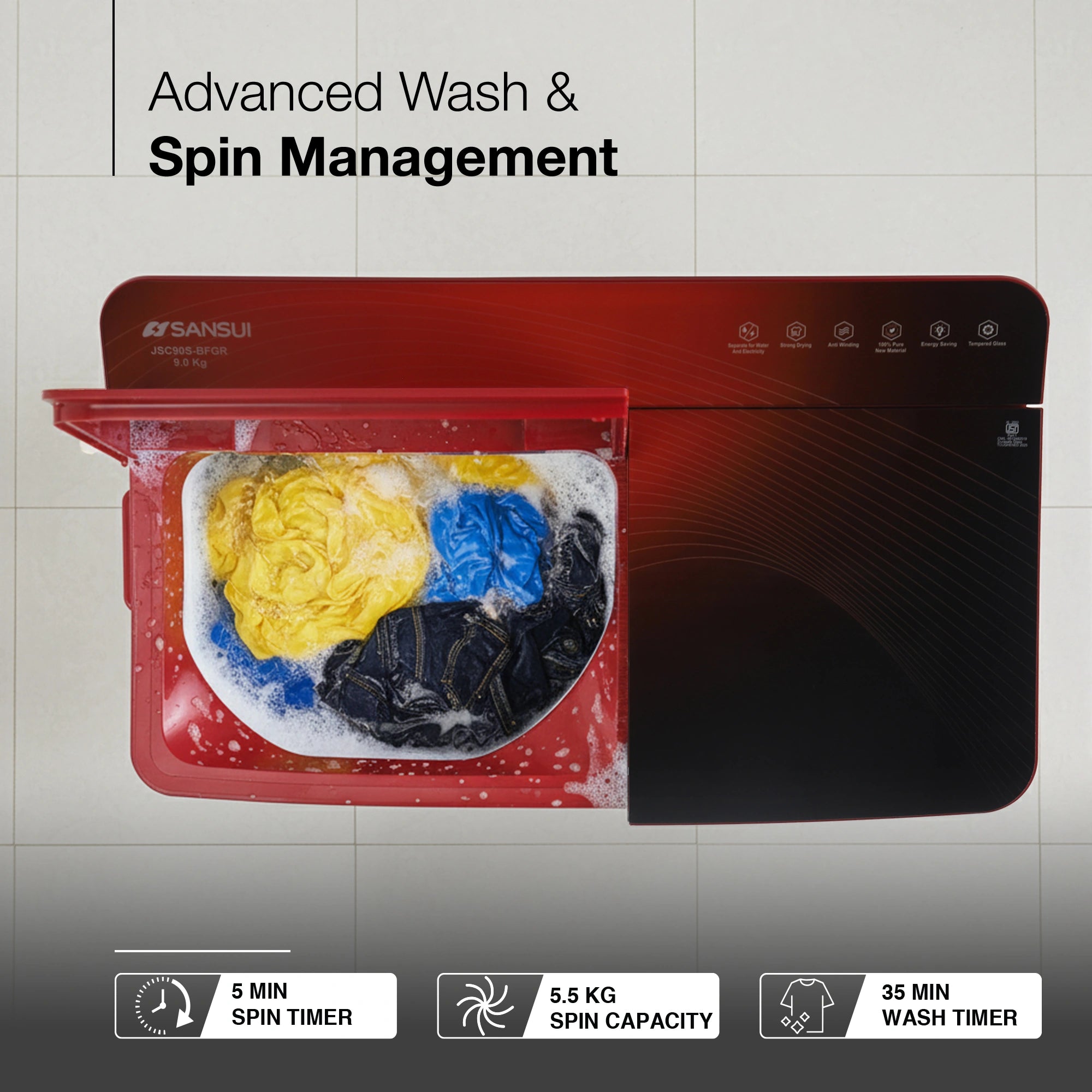 Sansui 9 kg 5 Star with Full Glass Top, Power Dry and Dynamic Pulsator Semi Automatic Top Load Washing Machine Red  (JSC90S-BFGR)
