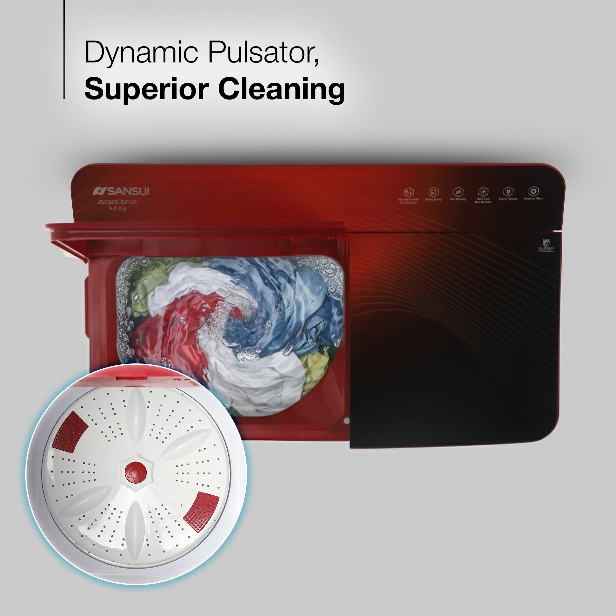 Sansui 9 kg 5 Star with Full Glass Top, Power Dry and Dynamic Pulsator Semi Automatic Top Load Washing Machine Red  (JSC90S-BFGR)