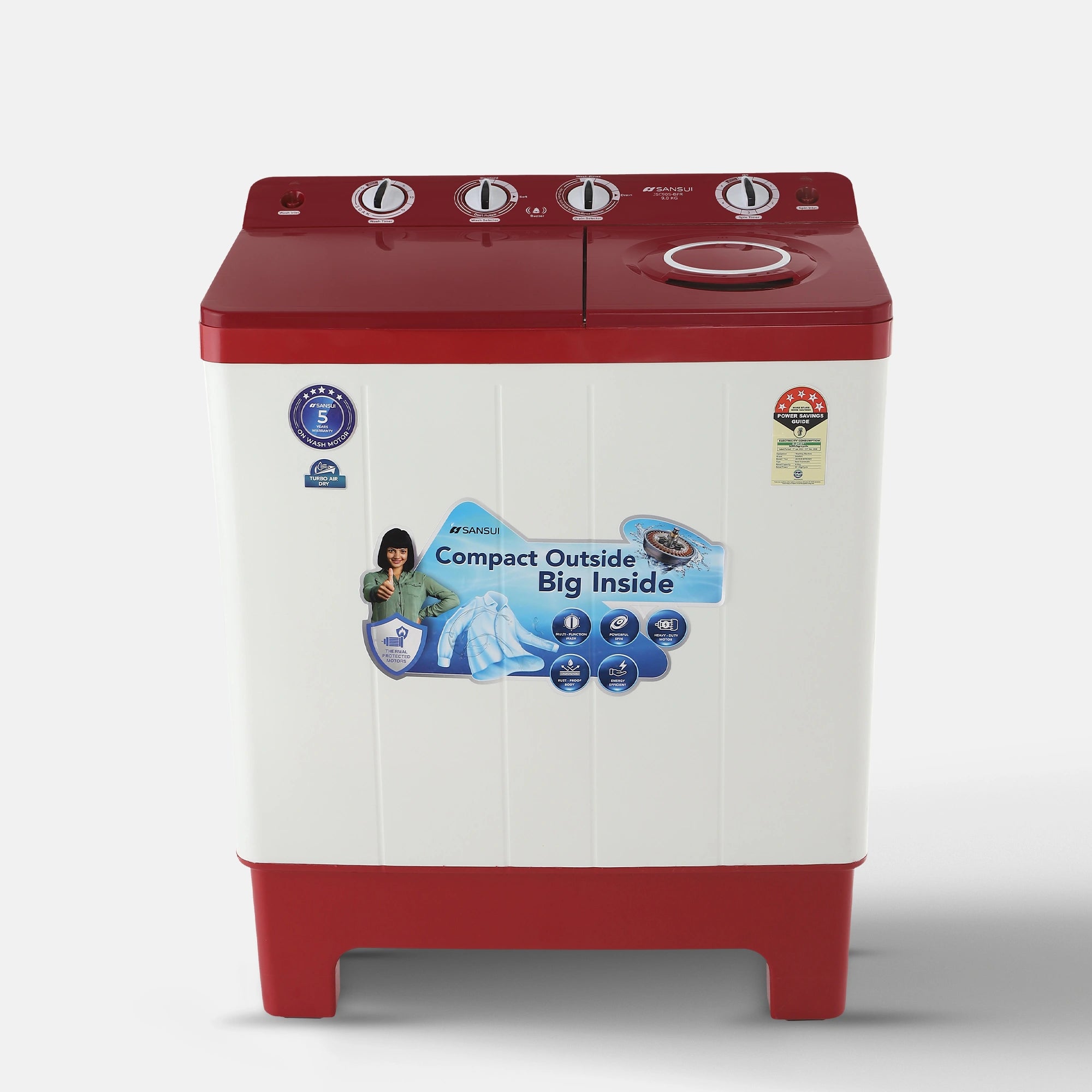 Sansui 9 kg 5 Star with Rust-Free Fiber top, Air Dry and Dynamic Pulsator Semi Automatic Top Load Washing Machine Red  (JSC90S-BFR)