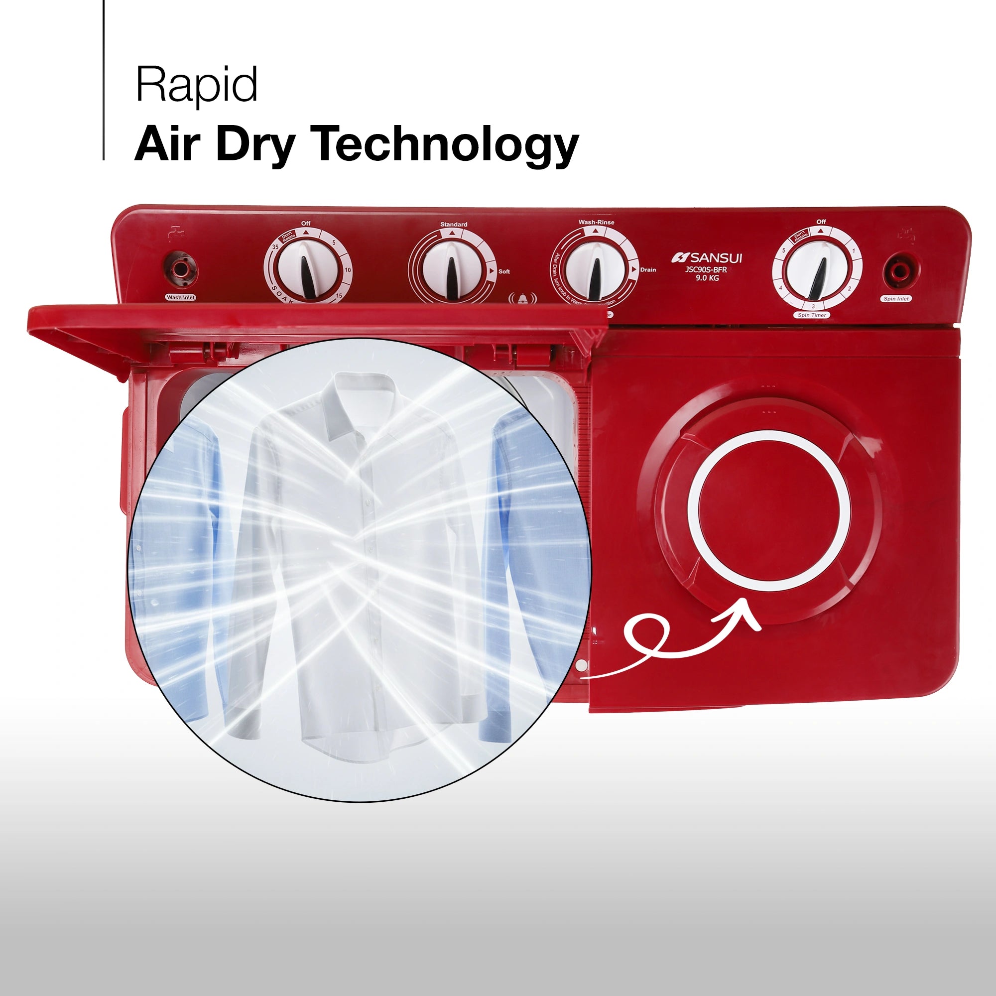 Sansui 9 kg 5 Star with Rust-Free Fiber top, Air Dry and Dynamic Pulsator Semi Automatic Top Load Washing Machine Red (JSC90S-BFR)