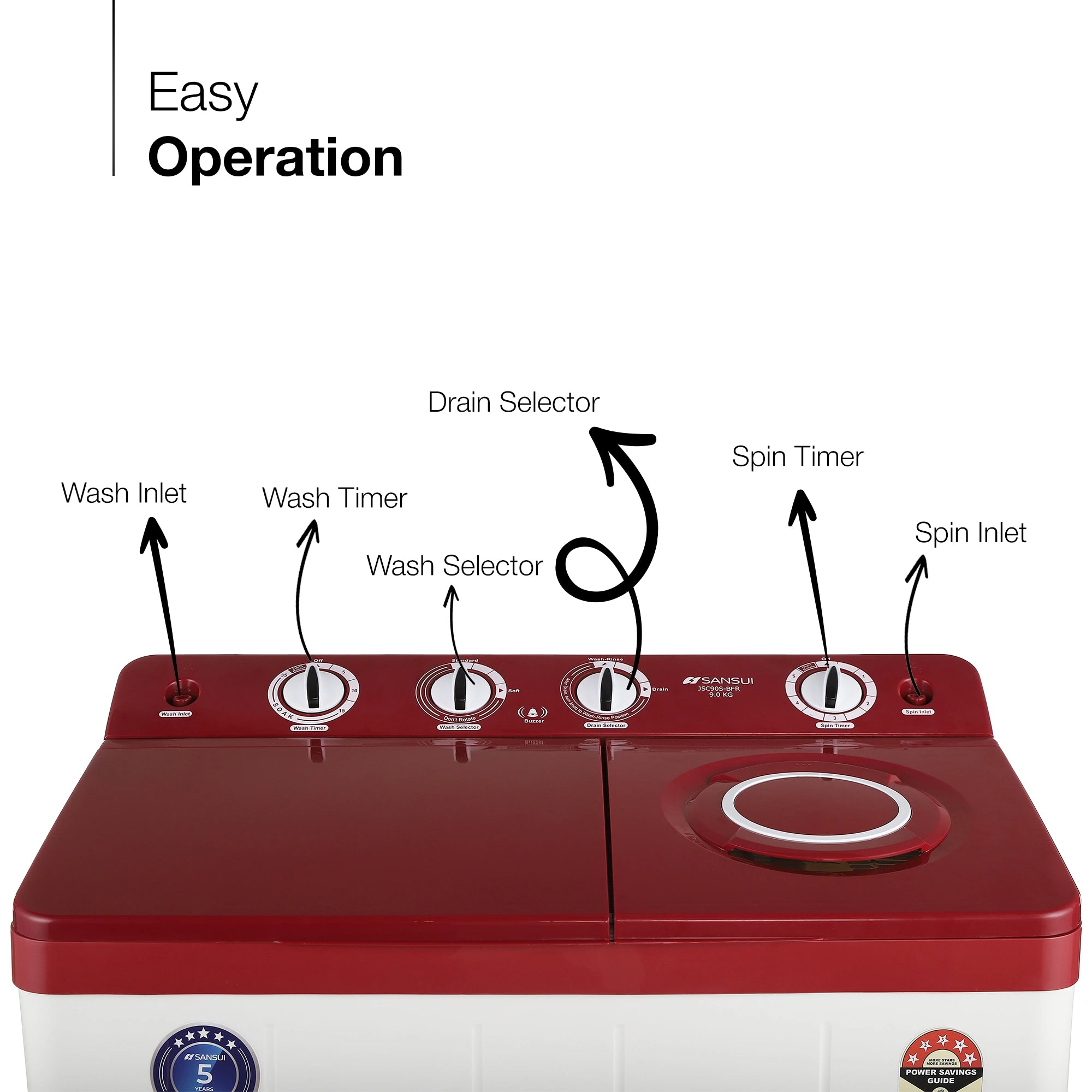 Sansui 9 kg 5 Star with Rust-Free Fiber top, Air Dry and Dynamic Pulsator Semi Automatic Top Load Washing Machine Red (JSC90S-BFR)