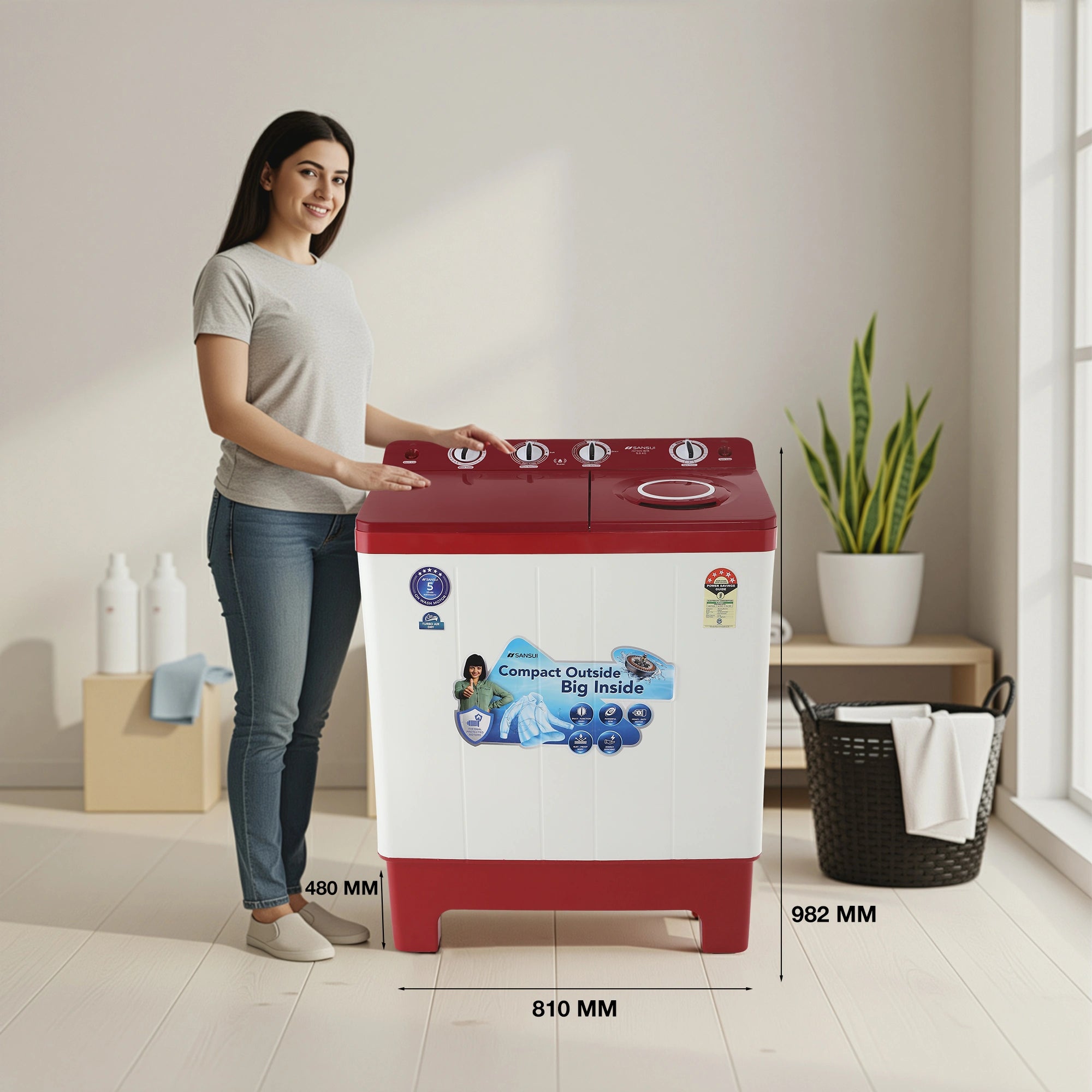 Sansui 9 kg 5 Star with Rust-Free Fiber top, Air Dry and Dynamic Pulsator Semi Automatic Top Load Washing Machine Red (JSC90S-BFR)