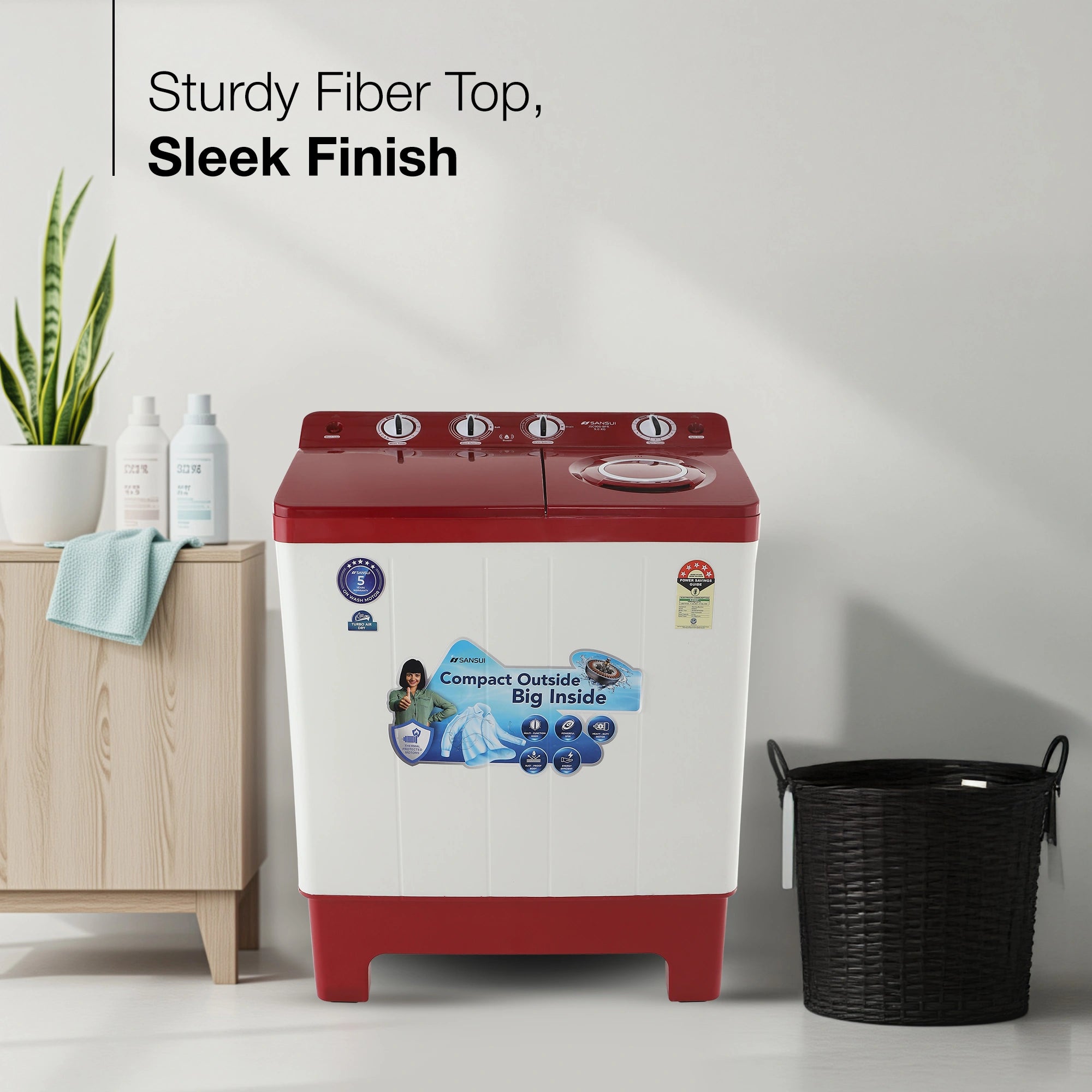 Sansui 9 kg 5 Star with Rust-Free Fiber top, Air Dry and Dynamic Pulsator Semi Automatic Top Load Washing Machine Red (JSC90S-BFR)