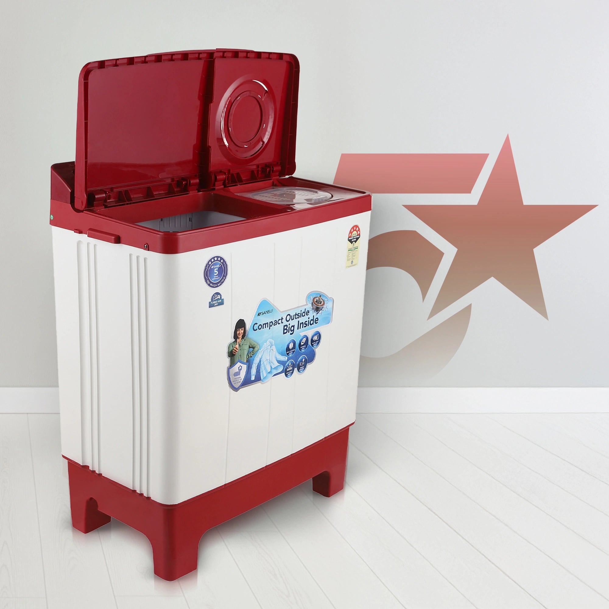 Sansui 9 kg 5 Star with Rust-Free Fiber top, Air Dry and Dynamic Pulsator Semi Automatic Top Load Washing Machine Red (JSC90S-BFR)