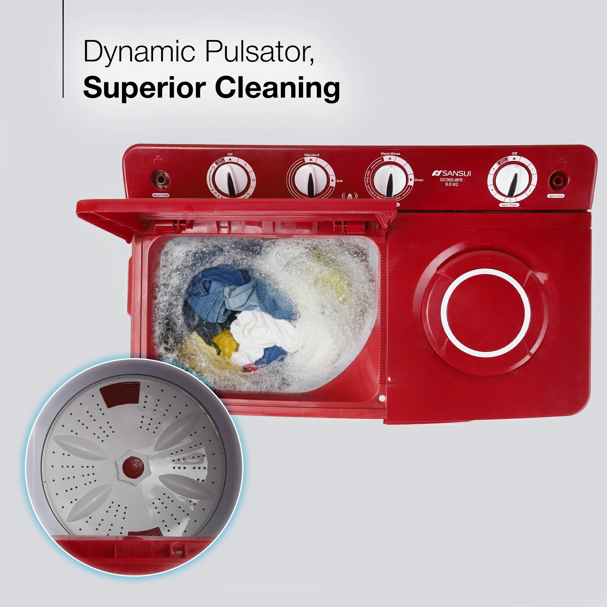 Sansui 9 kg 5 Star with Rust-Free Fiber top, Air Dry and Dynamic Pulsator Semi Automatic Top Load Washing Machine Red (JSC90S-BFR)