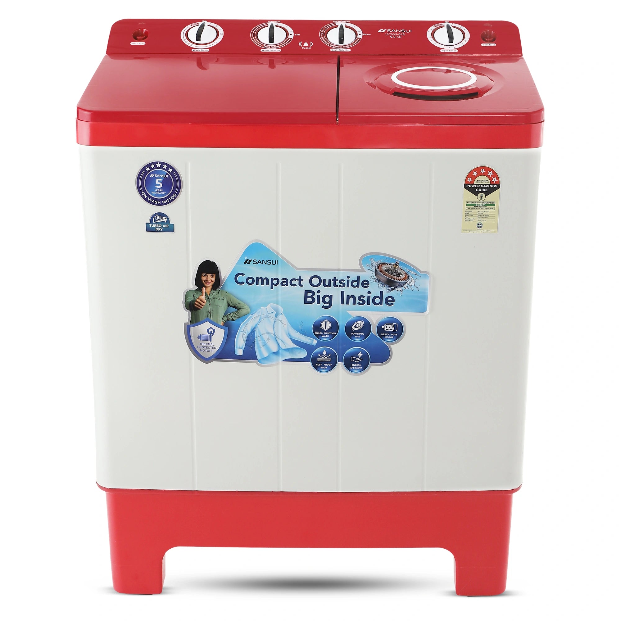 Sansui 9 kg 5 Star with Rust-Free Fiber top, Air Dry and Dynamic Pulsator Semi Automatic Top Load Washing Machine Red (JSC90S-BFR)