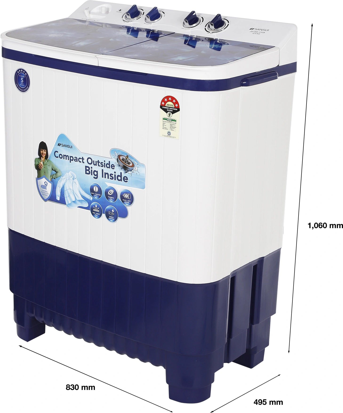 Sansui 10 kg 5 Star with Glass Top, Power Dry, Dual Waterfall, Soft Close and Dynamic Pulsator Semi-Automatic Top Load Washing Machine (JSP100S-CFGB)
