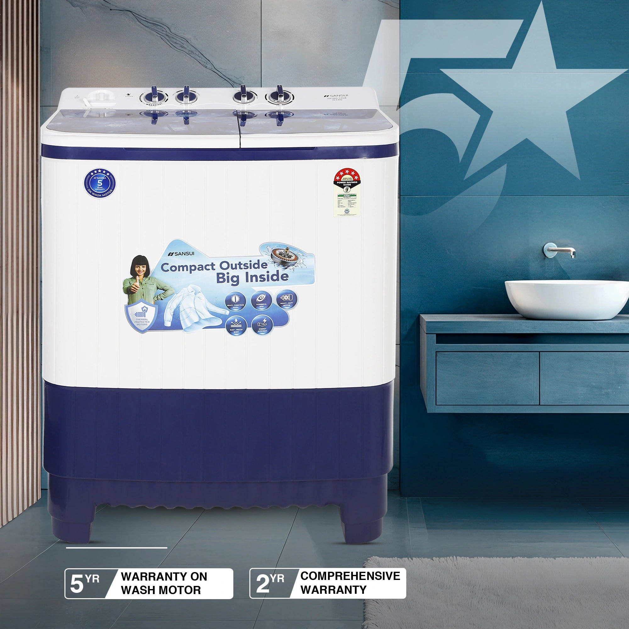 Sansui 10 kg 5 Star with Glass Top, Power Dry, Dual Waterfall, Soft Close and Dynamic Pulsator Semi-Automatic Top Load Washing Machine (JSP100S-CFGB)