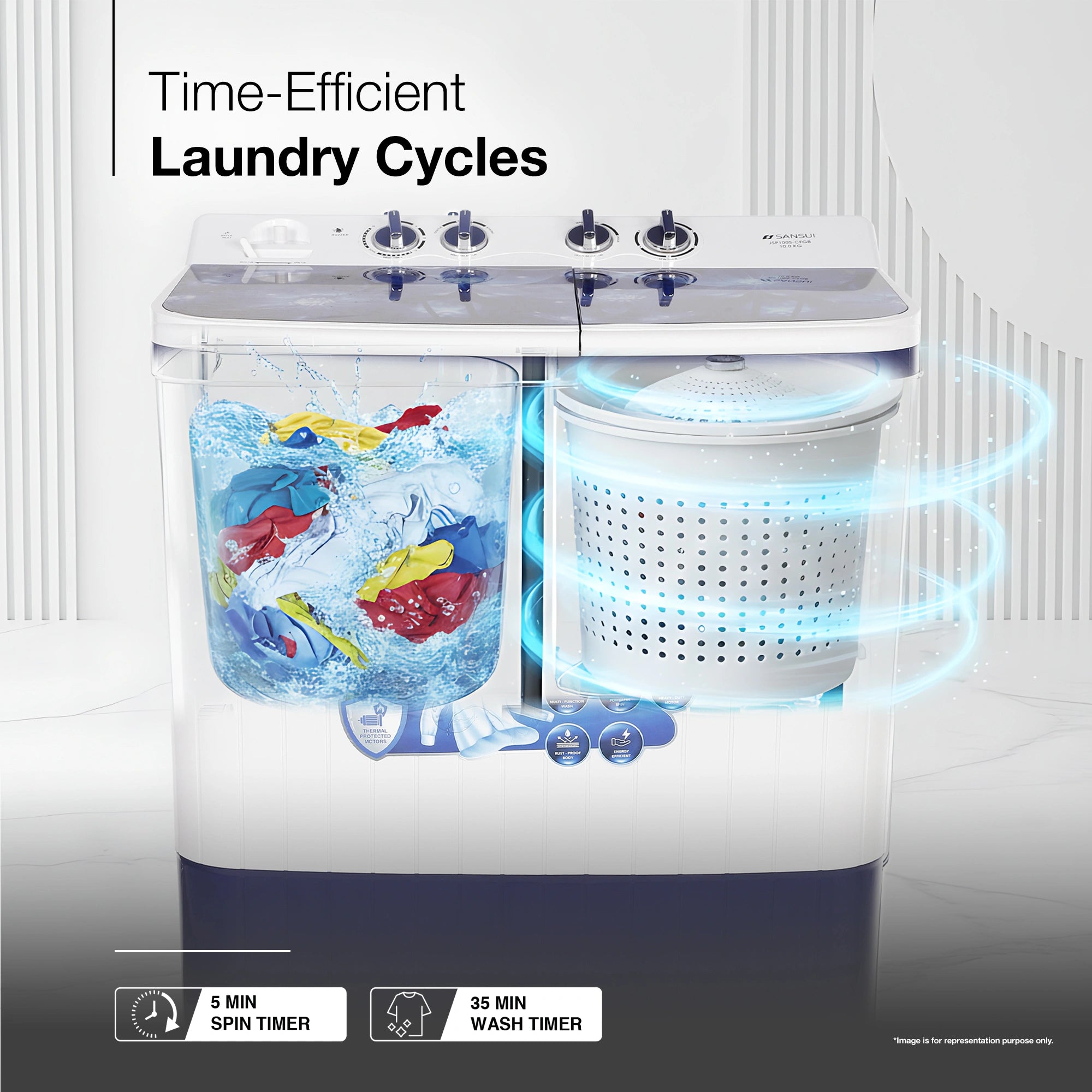 Sansui 10 kg 5 Star with Glass Top, Power Dry, Dual Waterfall, Soft Close and Dynamic Pulsator Semi-Automatic Top Load Washing Machine (JSP100S-CFGB)