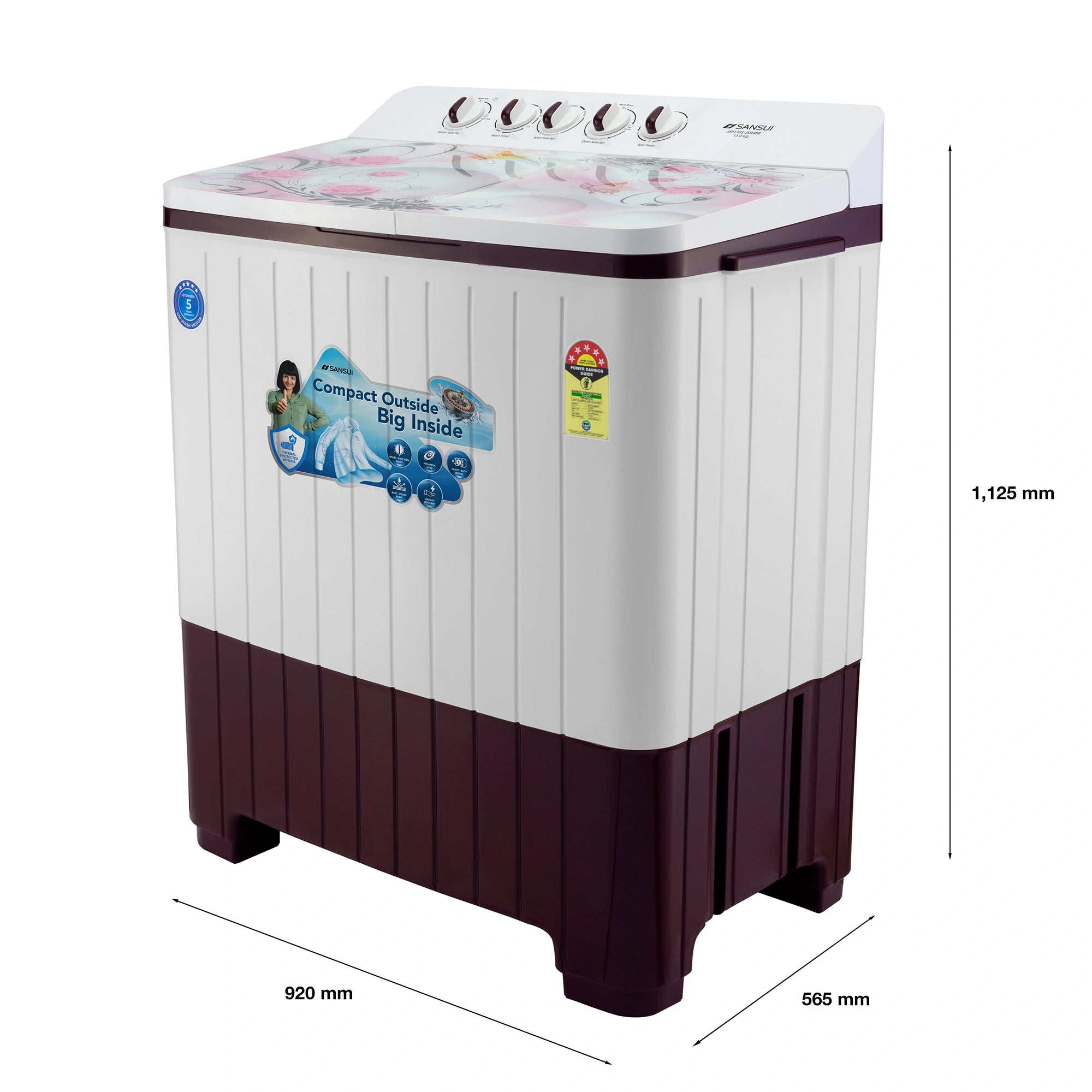 Sansui 14 kg 5 Star with Premium Glass Lid, Power Dry, Dual Waterfall and Dynamic Pulsator Semi Automatic Top Load Washing Machine (JSP140S-2024BR)