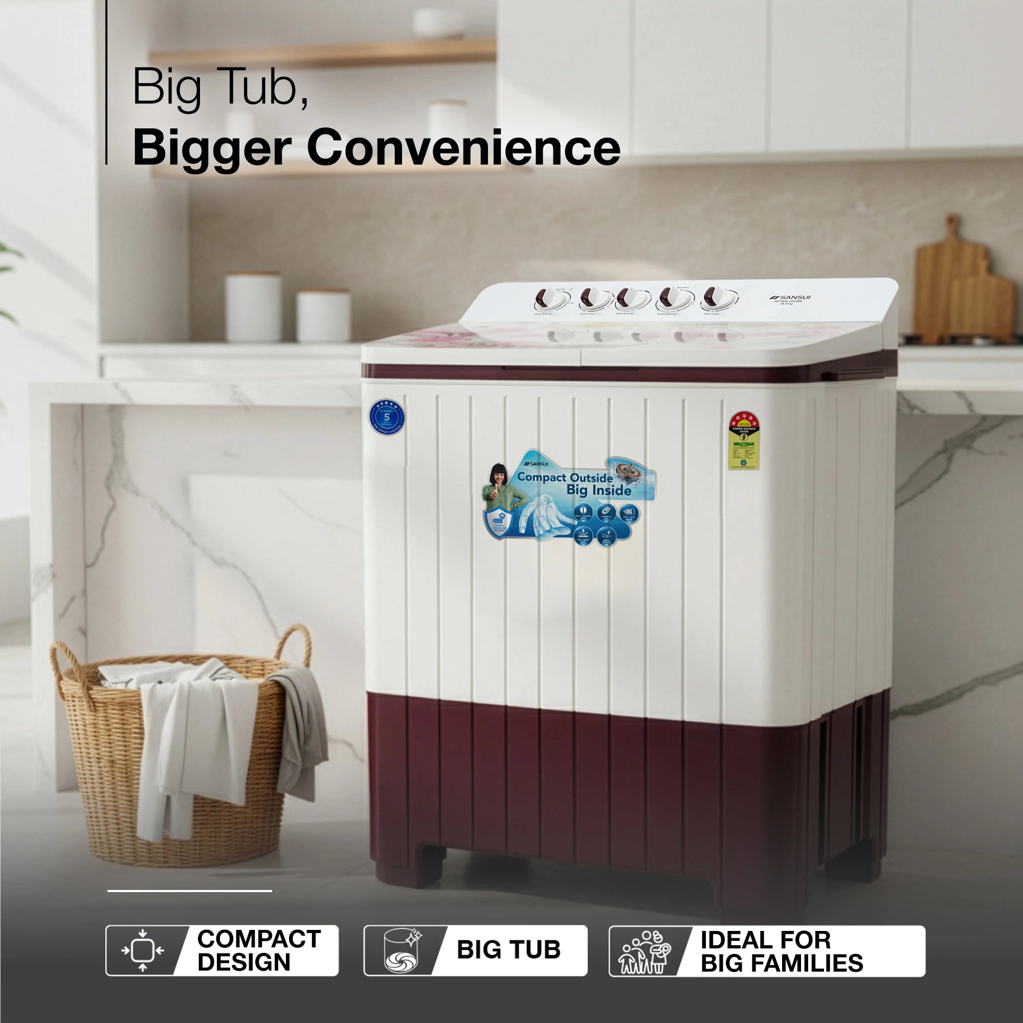 Sansui 14 kg 5 Star with Premium Glass Lid, Power Dry, Dual Waterfall and Dynamic Pulsator Semi Automatic Top Load Washing Machine (JSP140S-2024BR)