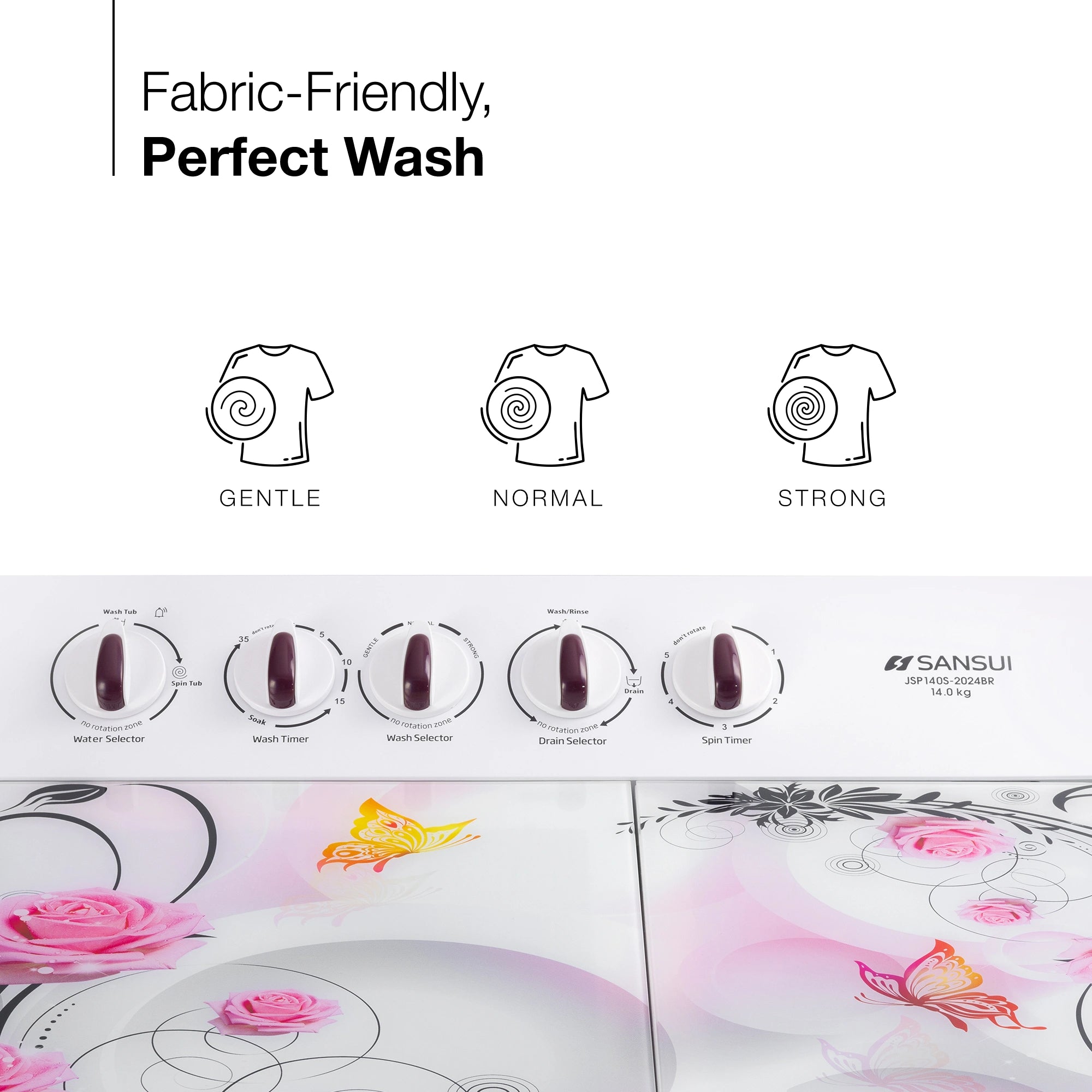 Sansui 14 kg 5 Star with Premium Glass Lid, Power Dry, Dual Waterfall and Dynamic Pulsator Semi Automatic Top Load Washing Machine (JSP140S-2024BR)