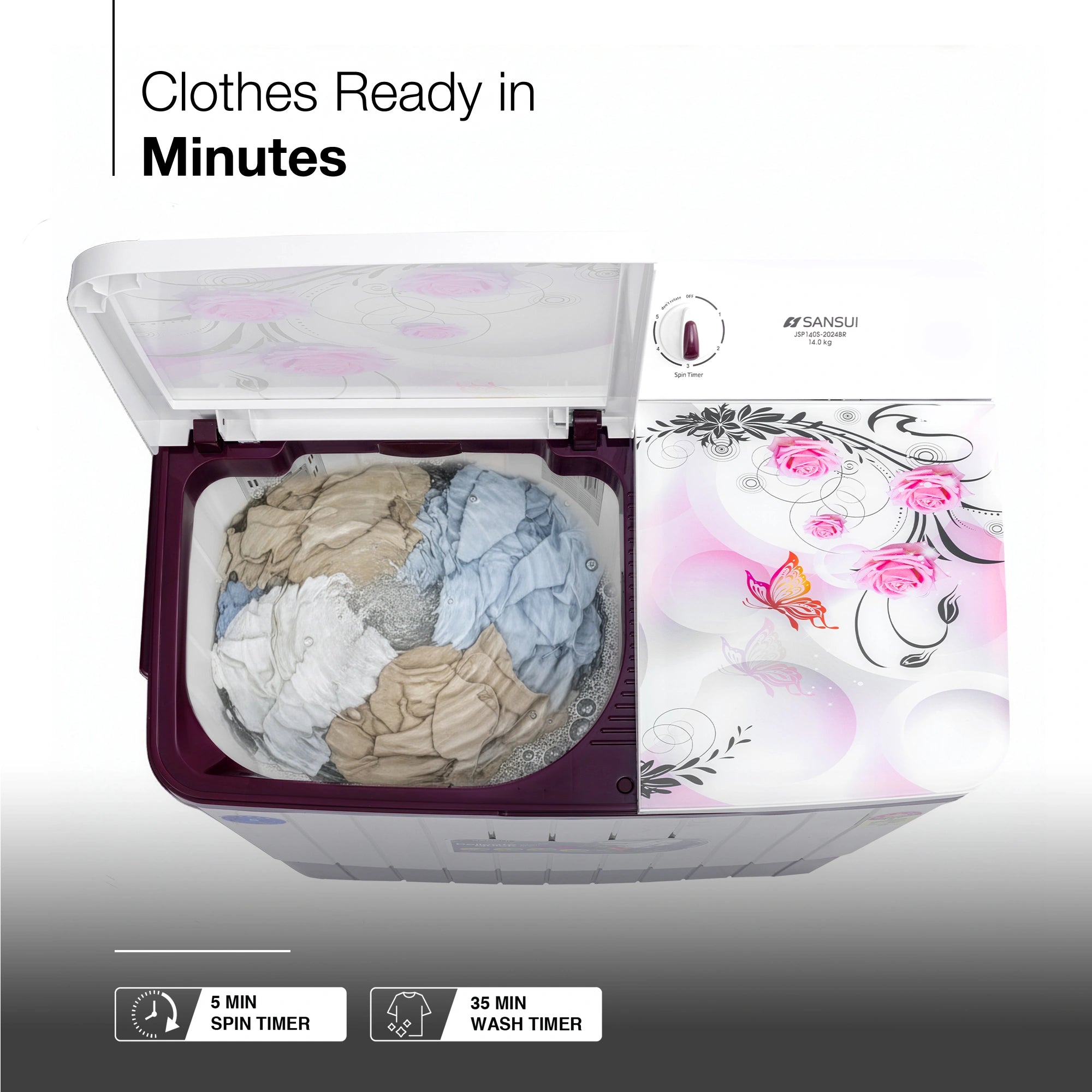 Sansui 14 kg 5 Star with Premium Glass Lid, Power Dry, Dual Waterfall and Dynamic Pulsator Semi Automatic Top Load Washing Machine (JSP140S-2024BR)