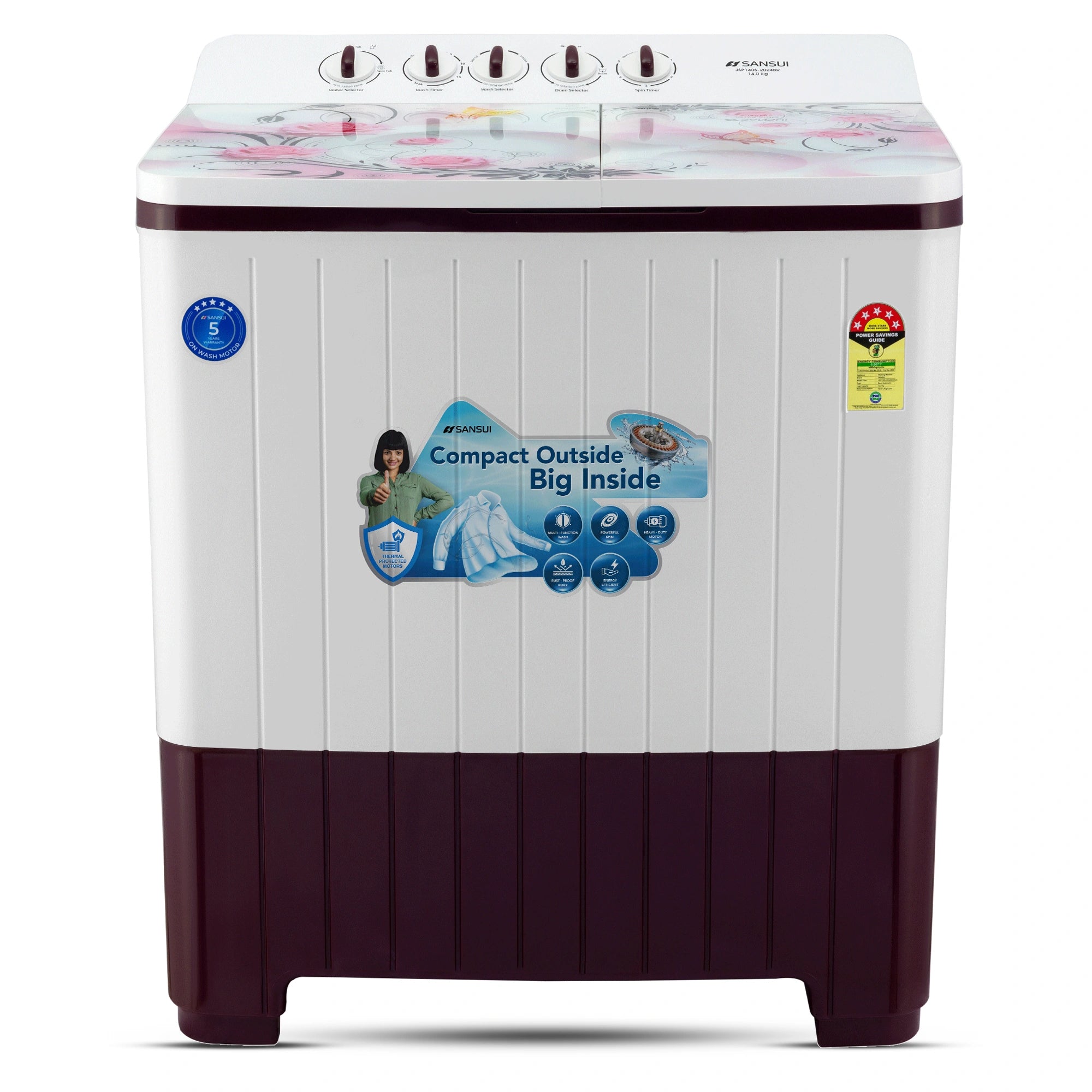 Sansui 14 kg 5 Star with Premium Glass Lid, Power Dry, Dual