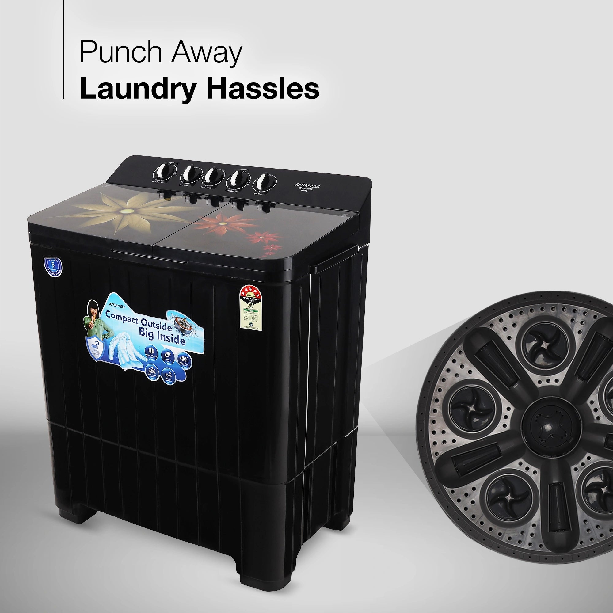 Sansui 14 kg 5 Star with Premium Glass Lid, Power Dry, Dual Waterfall and Dynamic Pulsator Semi Automatic Top Load Washing Machine (JSP140S-2024K)
