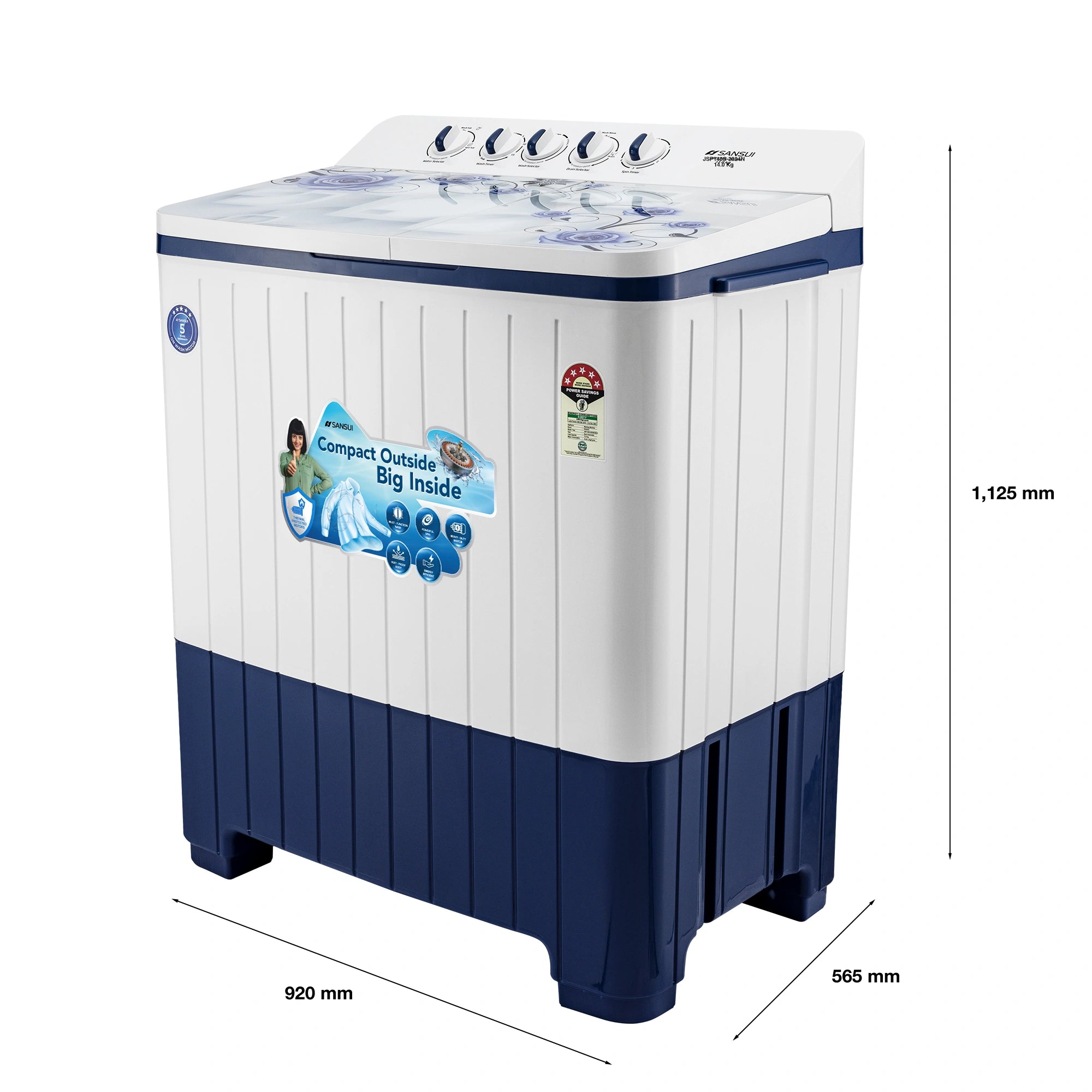 Sansui 14 kg 5 Star with Premium Glass Lid, Power Dry, Dual Waterfall and Dynamic Pulsator Semi Automatic Top Load Washing Machine (JSP140S-2024N)
