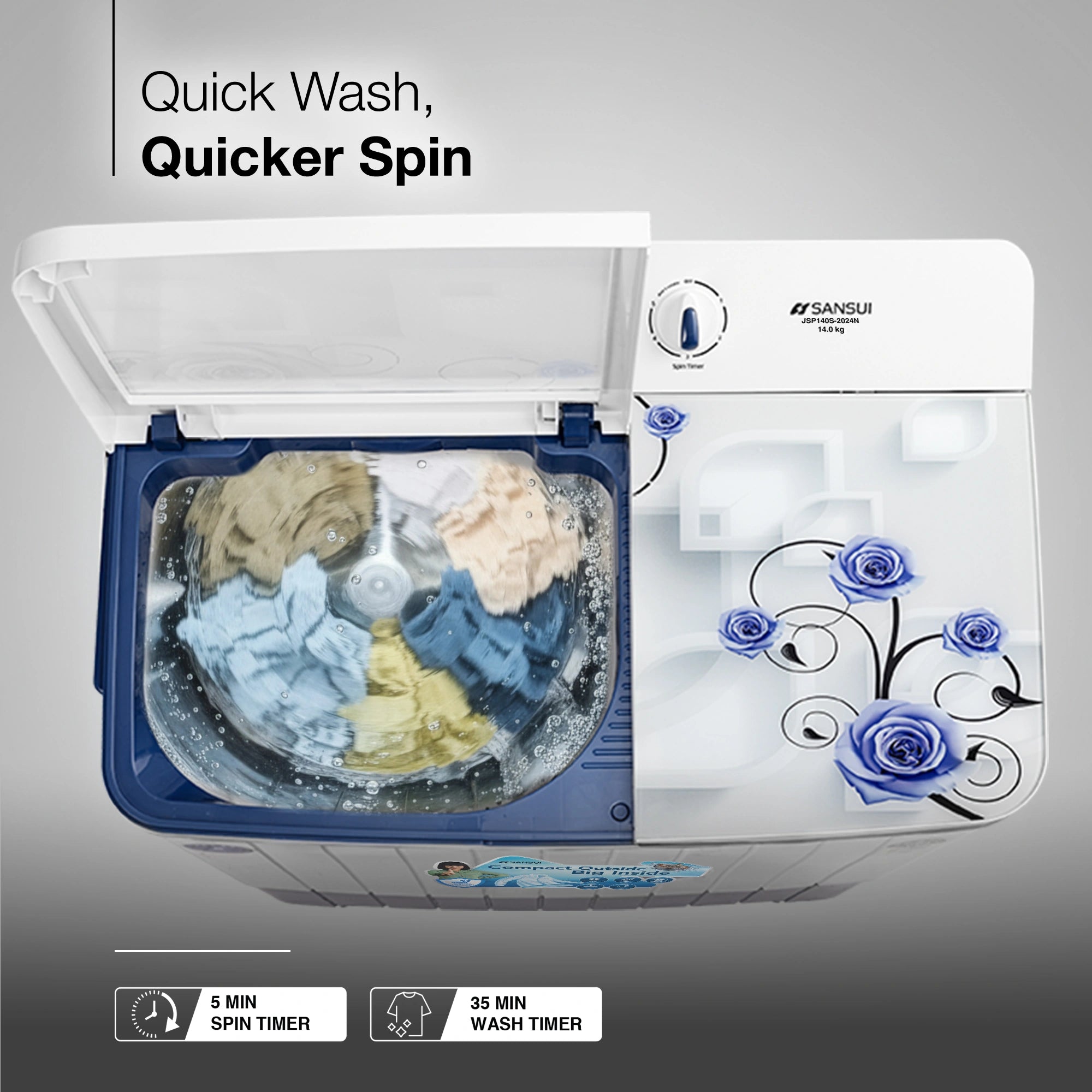 Sansui 14 kg 5 Star with Premium Glass Lid, Power Dry, Dual Waterfall and Dynamic Pulsator Semi Automatic Top Load Washing Machine (JSP140S-2024N)