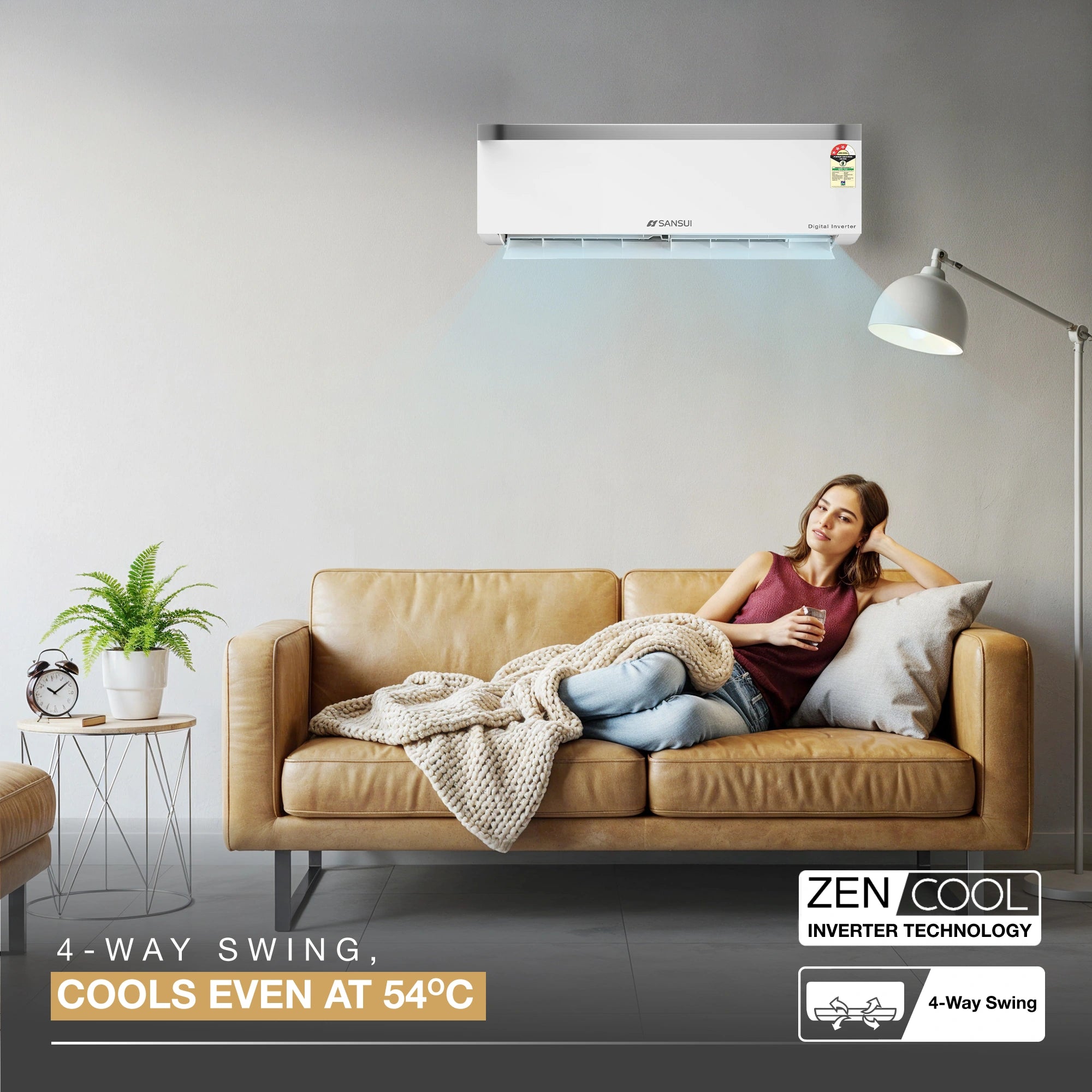 Sansui 1 Ton 3 Star Split Inverter AC with 100% Copper Tubing, Zen Cool Technology, 5-In-1 Convertible Mode, 4-Way Swing & Blue Fin