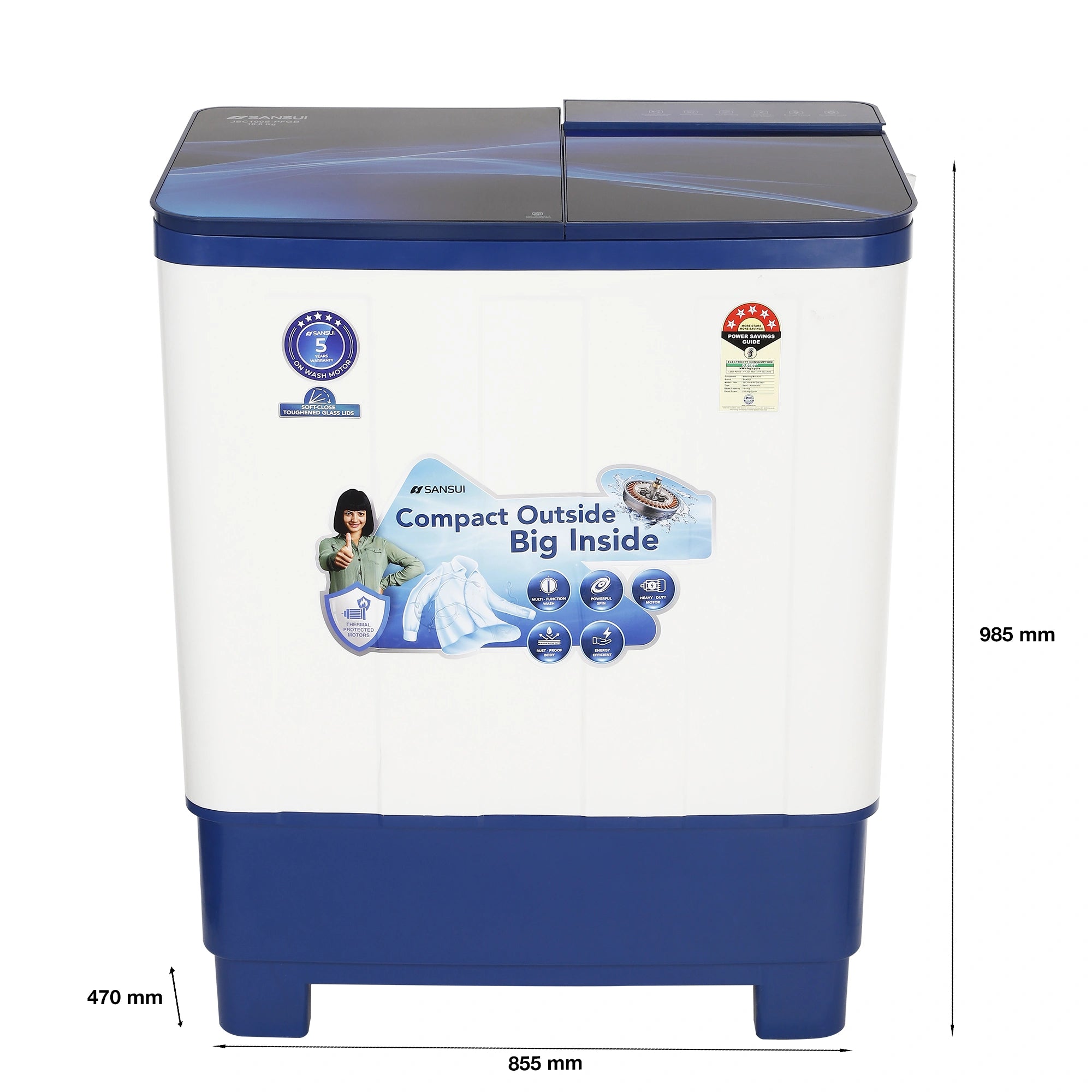 Sansui 10 kg 5 Star with Premium Full Glass Lid, Power Dry, Soft Close, Dynamic Pulsator Semi-Automatic Top Load Washing Machine (JSC100S-PFGB)