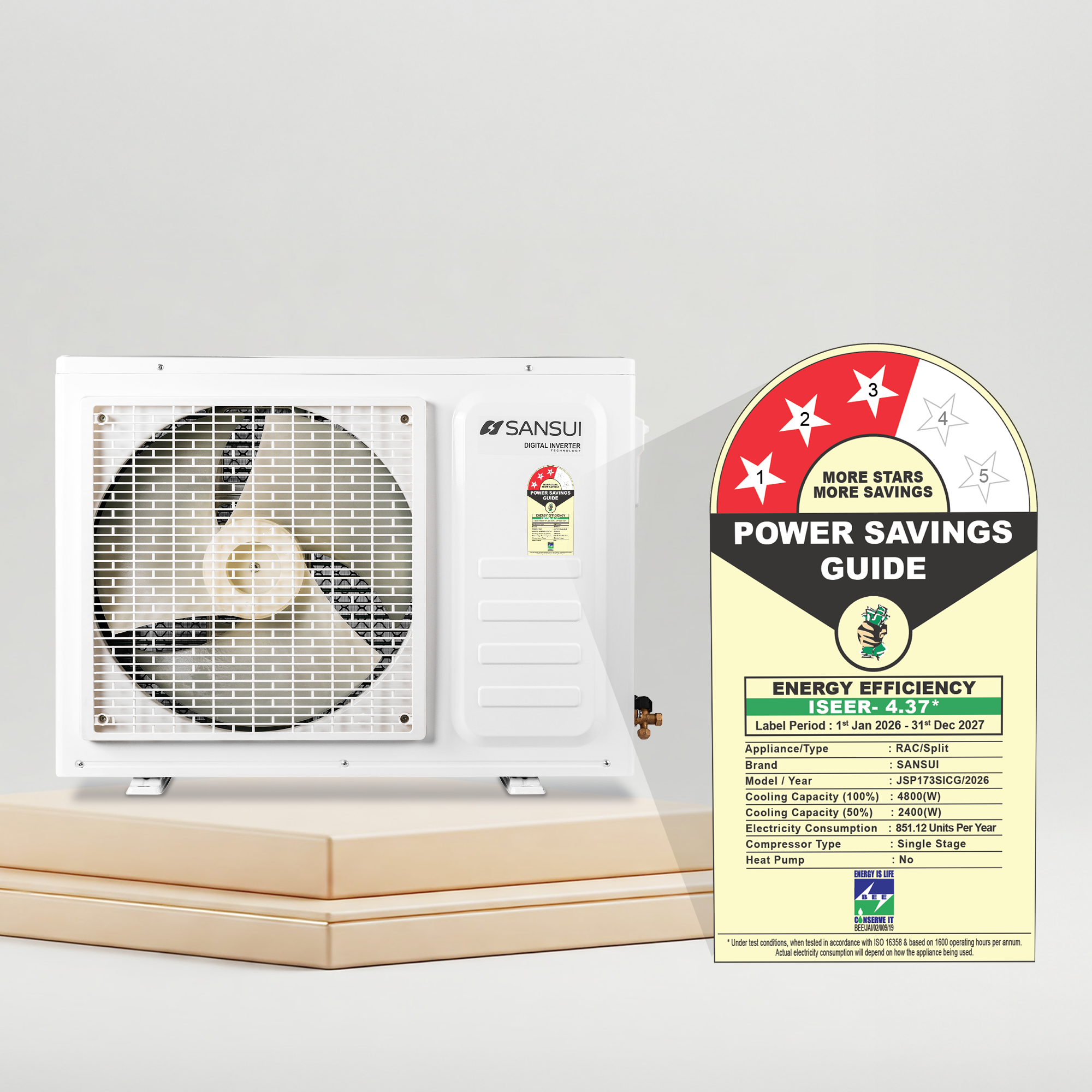 Sansui 1.4 Ton 3 Star Split Inverter AC with 100% Copper Tubing, Zen Cool Technology, 5-In-1 Convertible Mode, 4-Way Swing & Blue Fin (JSP173SICG)