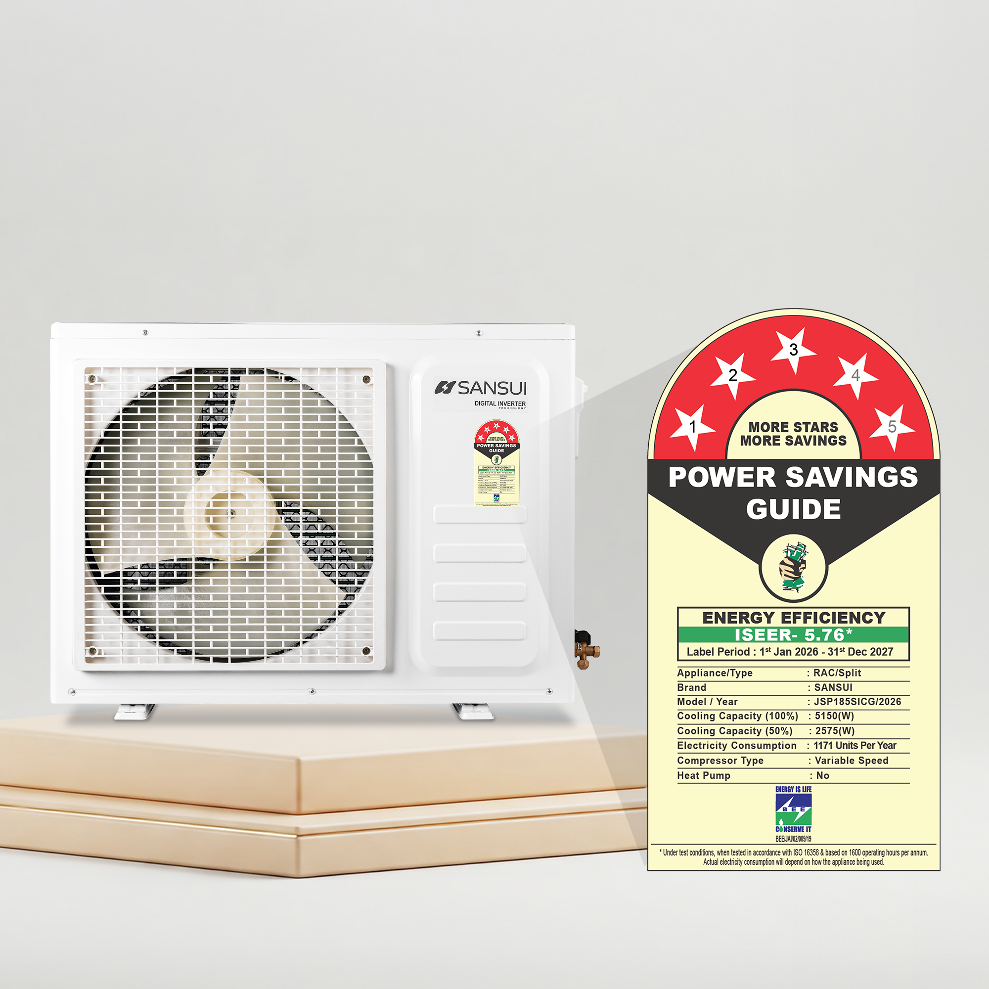 Sansui 1.5 Ton 5 Star Split Inverter AC with Zen Cool, 5-In-1 Convertible Mode, 4-Way Swing, 100% Copper Tubing & Blue Fin (JSP185SICG)