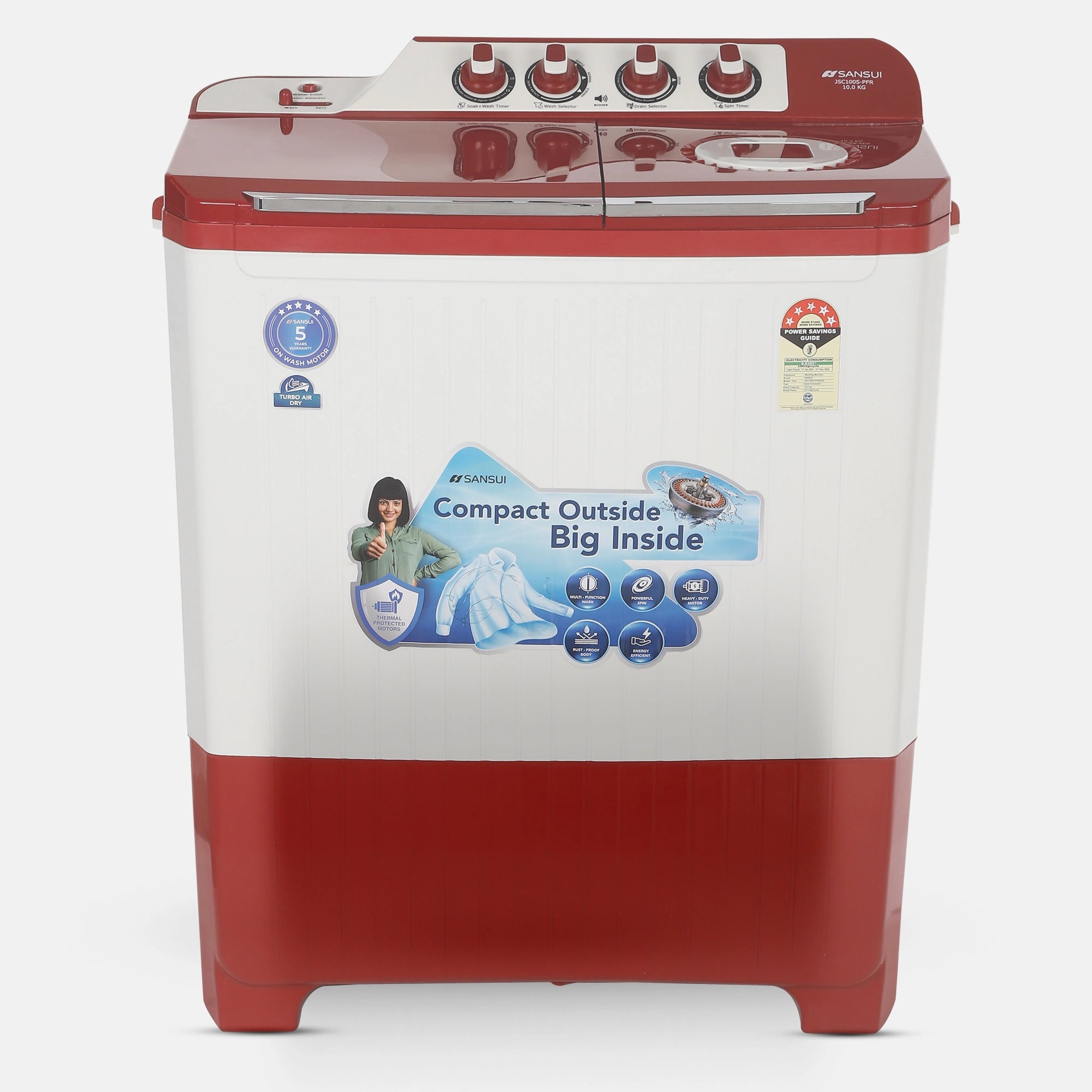 Sansui 10 kg 5 Star with Durable Fiber Top, Air Dry, Waterfall and Dynamic Pulsator Semi-Automatic Top Load Washing Machine (JSC100S-PFR)