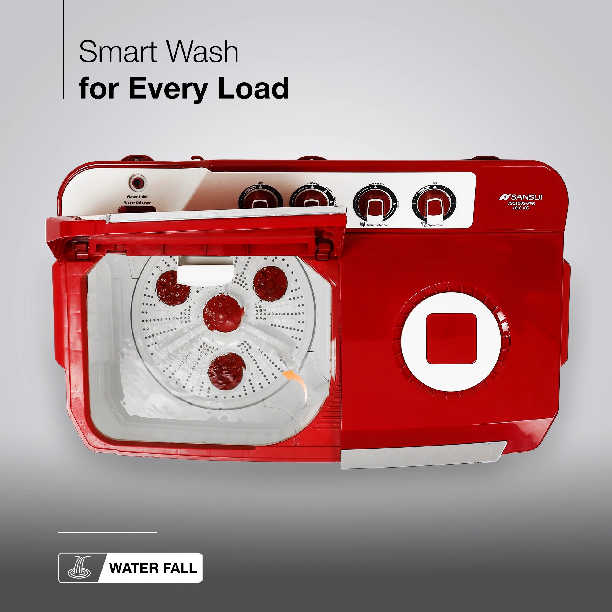 Sansui 10 kg 5 Star with Durable Fiber Top, Air Dry, Waterfall and Dynamic Pulsator Semi-Automatic Top Load Washing Machine (JSC100S-PFR)