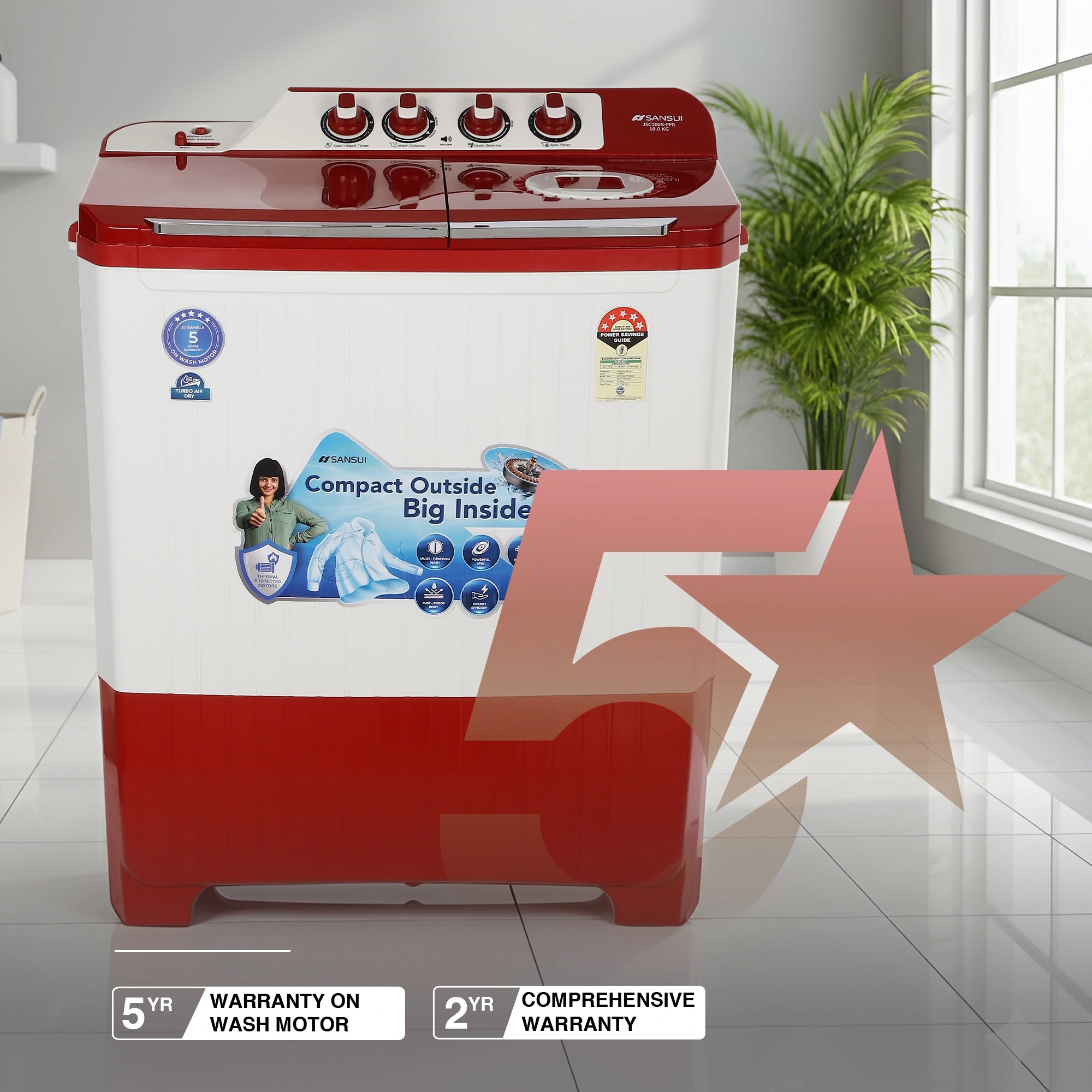 Sansui 10 kg 5 Star with Durable Fiber Top, Air Dry, Waterfall and Dynamic Pulsator Semi-Automatic Top Load Washing Machine (JSC100S-PFR)
