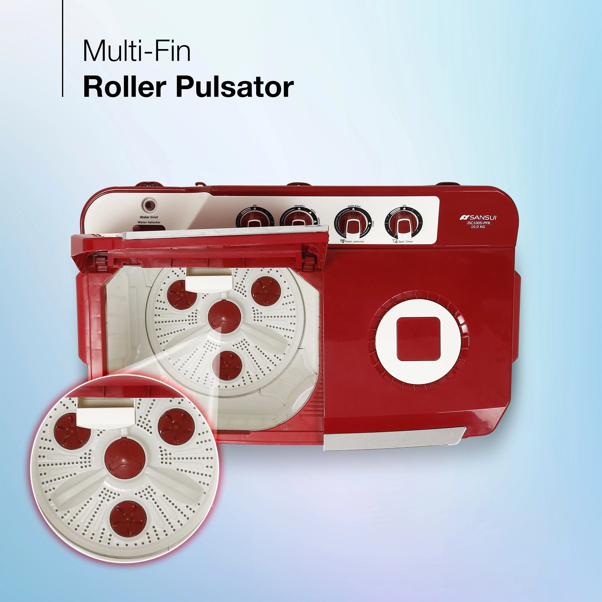 Sansui 10 kg 5 Star with Durable Fiber Top, Air Dry, Waterfall and Dynamic Pulsator Semi-Automatic Top Load Washing Machine (JSC100S-PFR)