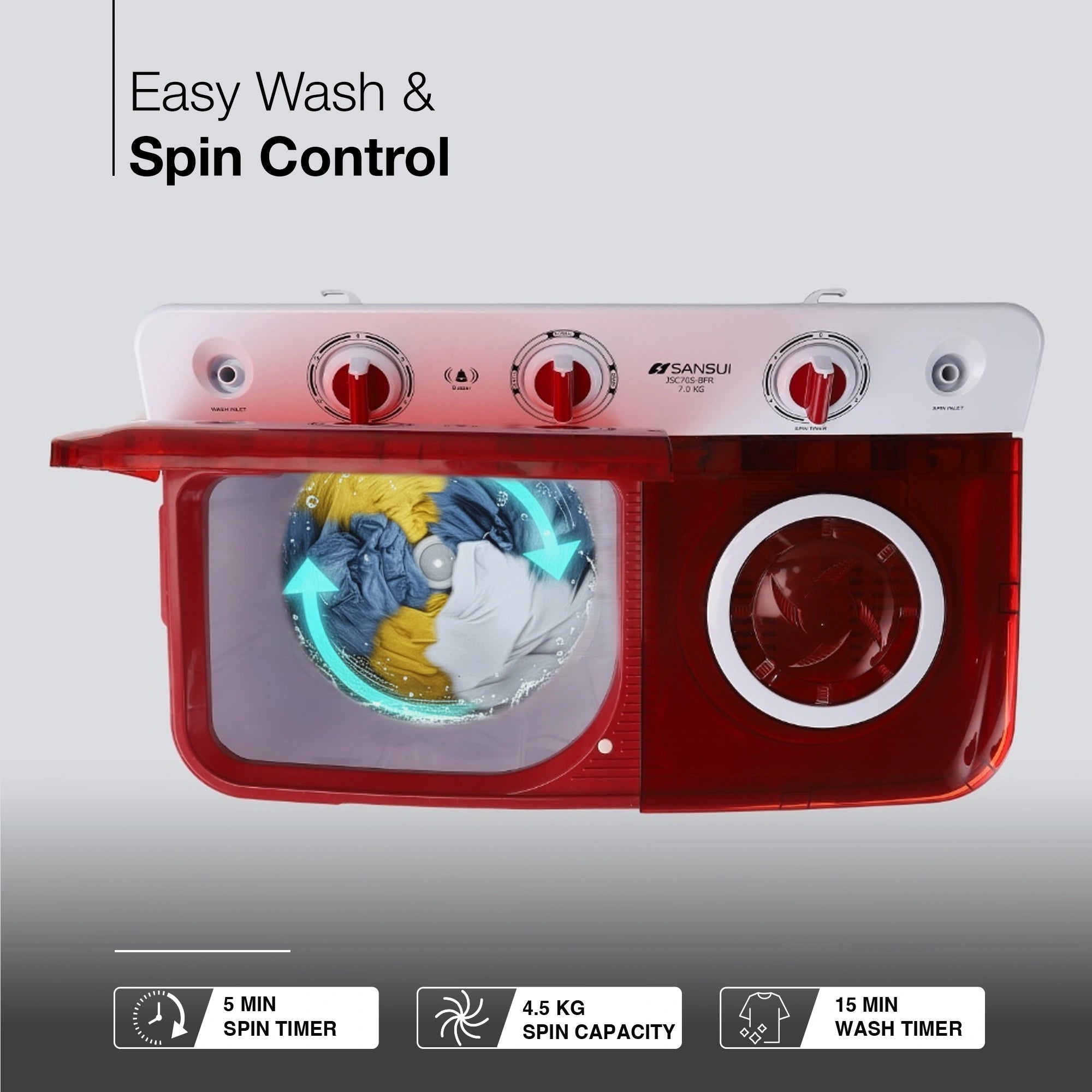 Sansui 7 kg 5 Star with Robust Pulsator, Air Dry and Collar Scrubber Semi Automatic Top Load Washing Machine Red  (JSC70S-BFR)