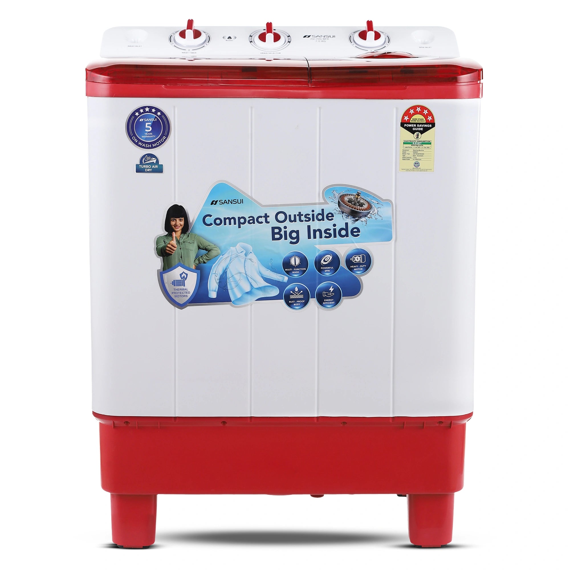 Sansui 7 kg 5 Star with Rust-Free Fiber Top, Air Dry and 6 Fins Agitator Semi Automatic Top Load Washing Machine Red  (JSC70S-BFR)